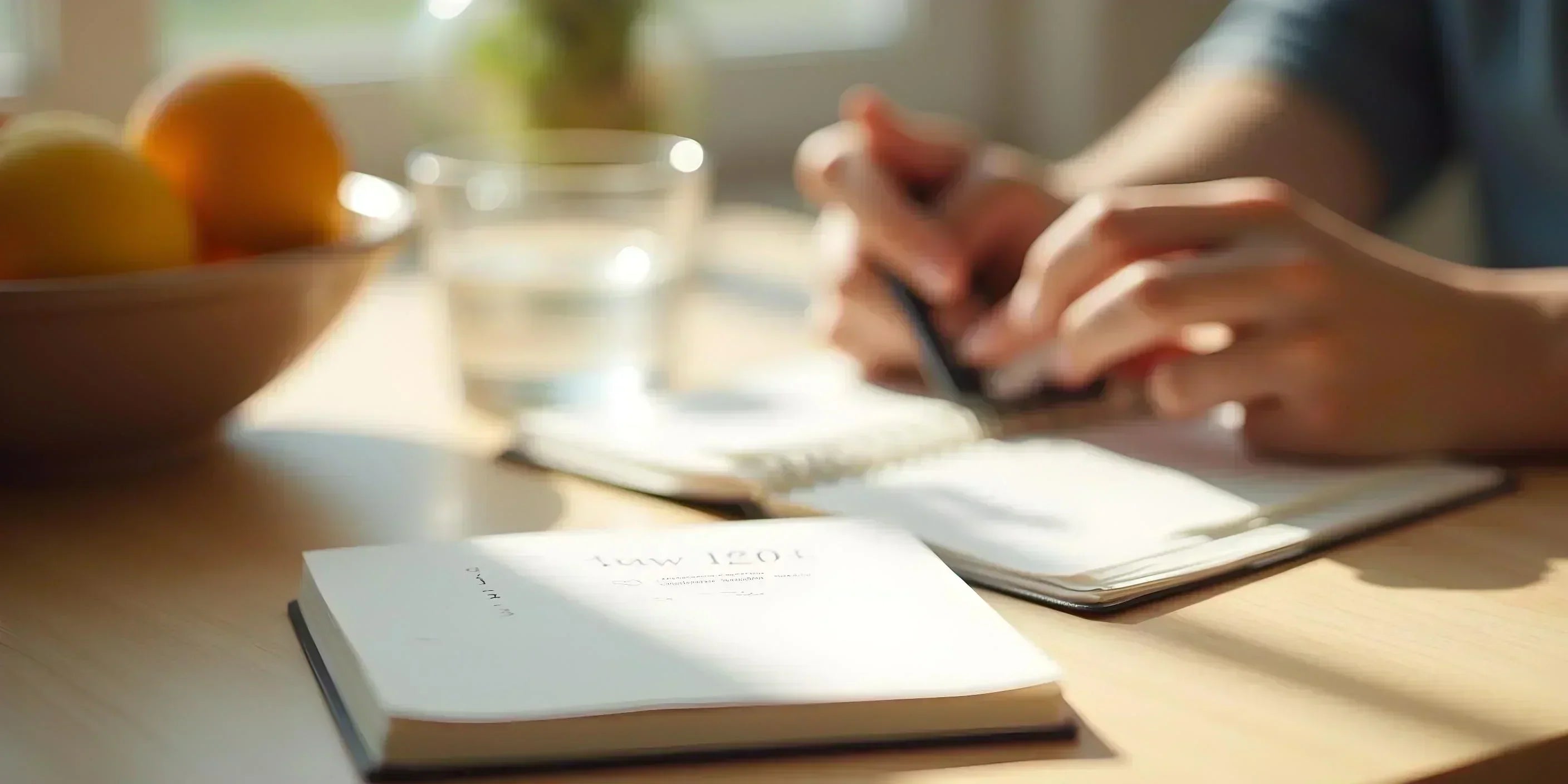 Morning routine with a notebook, a glass of water, and natural light in a bright kitchen.