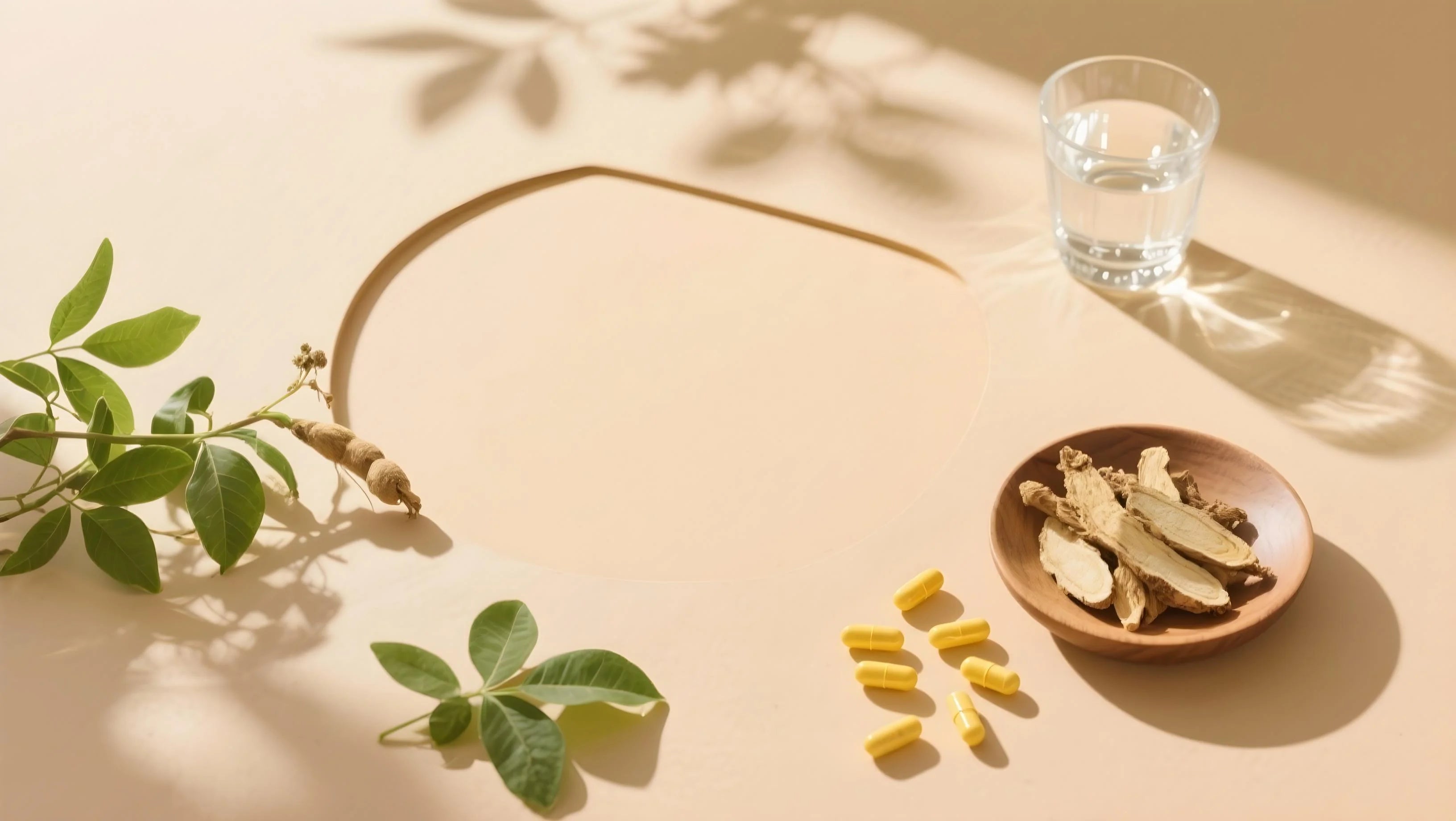 Sunlit flat-lay with astragalus leaves, root slices, capsules and a water glass; large center space.