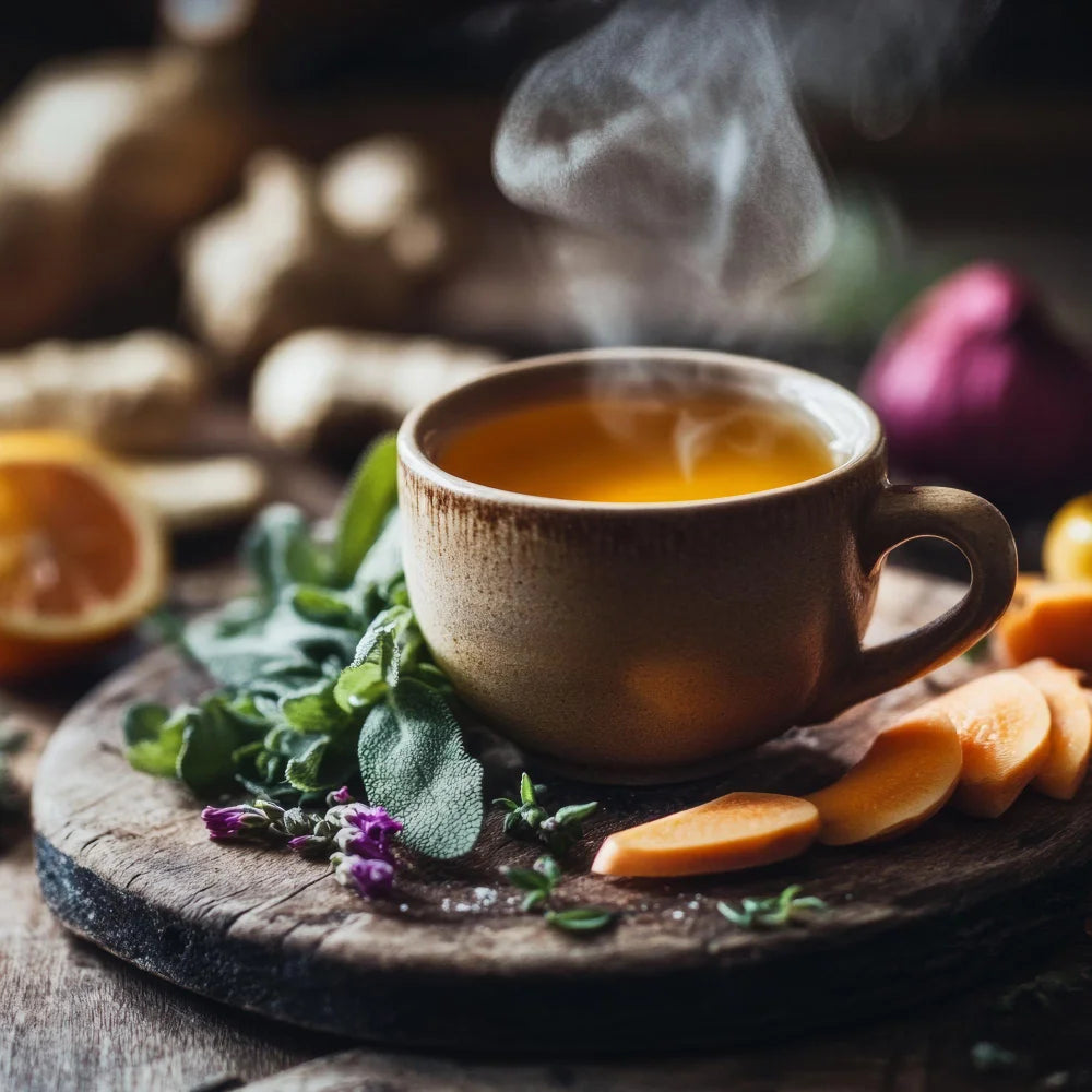 Warm evening light with a cup of tea, one capsule and sliced astragalus root on a small plate.