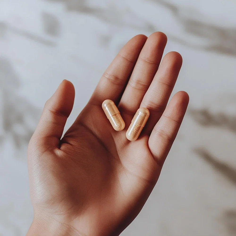 Hand placing a capsule into a small pill case next to a water bottle inside a tote.