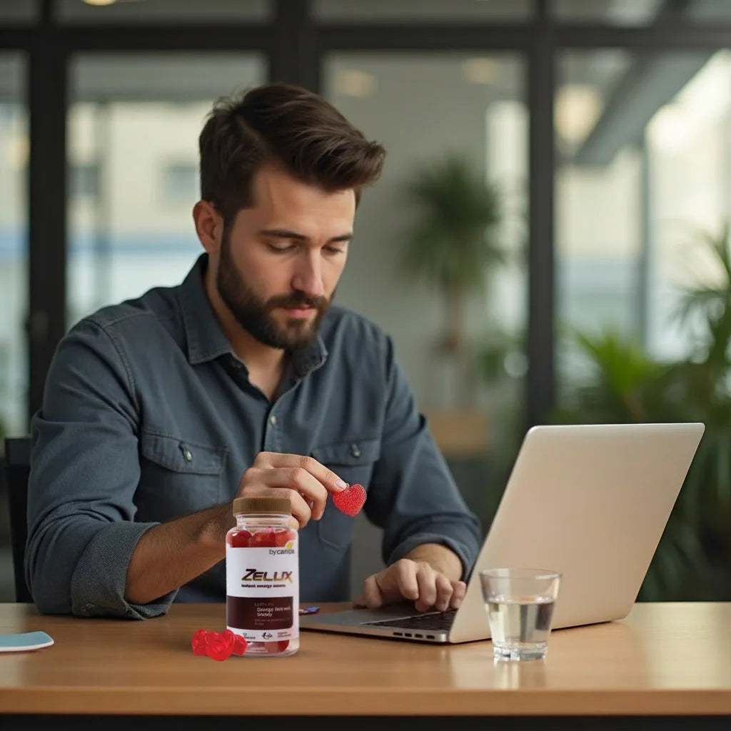 Man at a desk with a laptop taking a red heart-shaped gummy from an unbranded jar; natural light, lifestyle look.
