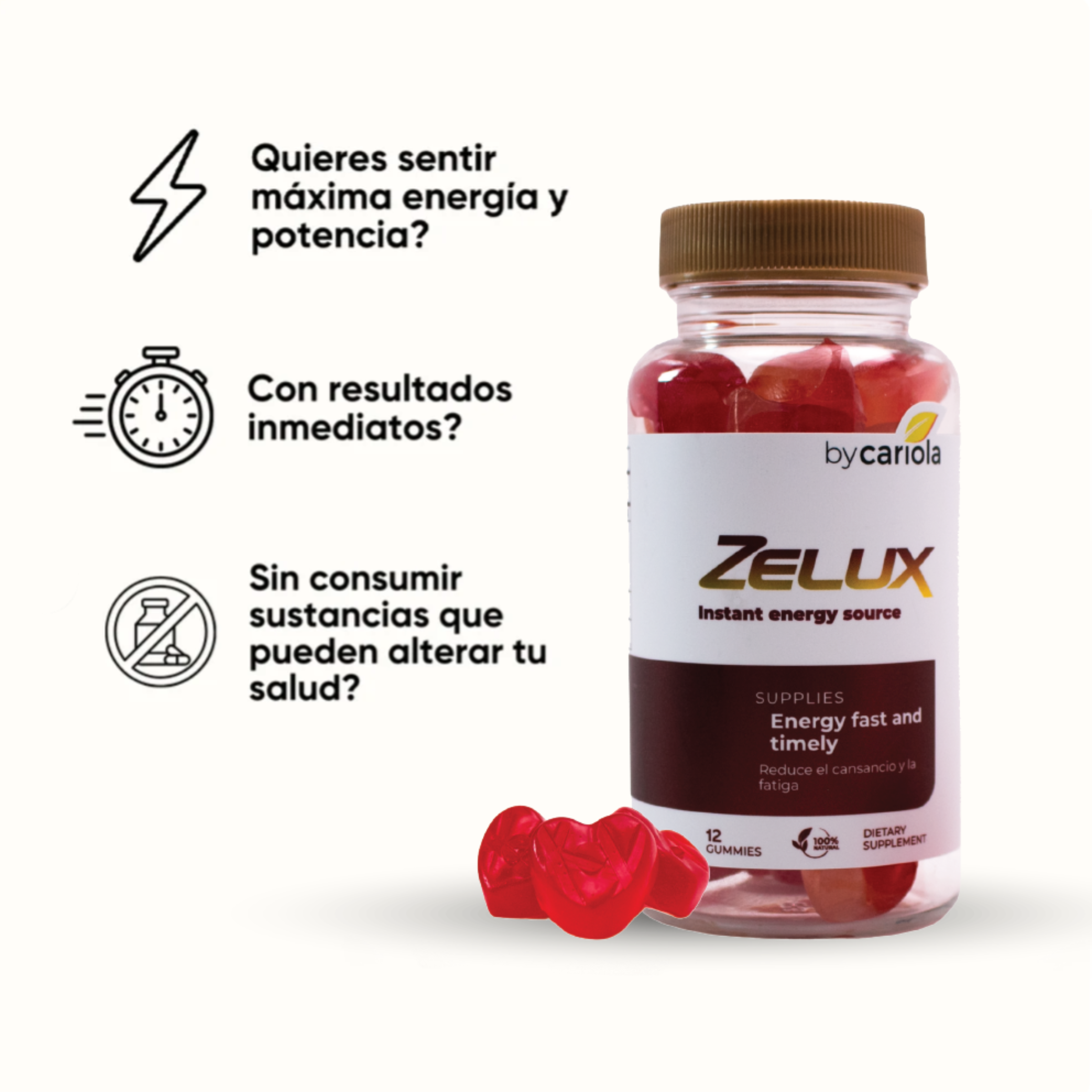 Layout showing energy, fast results and safety icons on the left and a Zelux Gummies bottle on the right, light background.