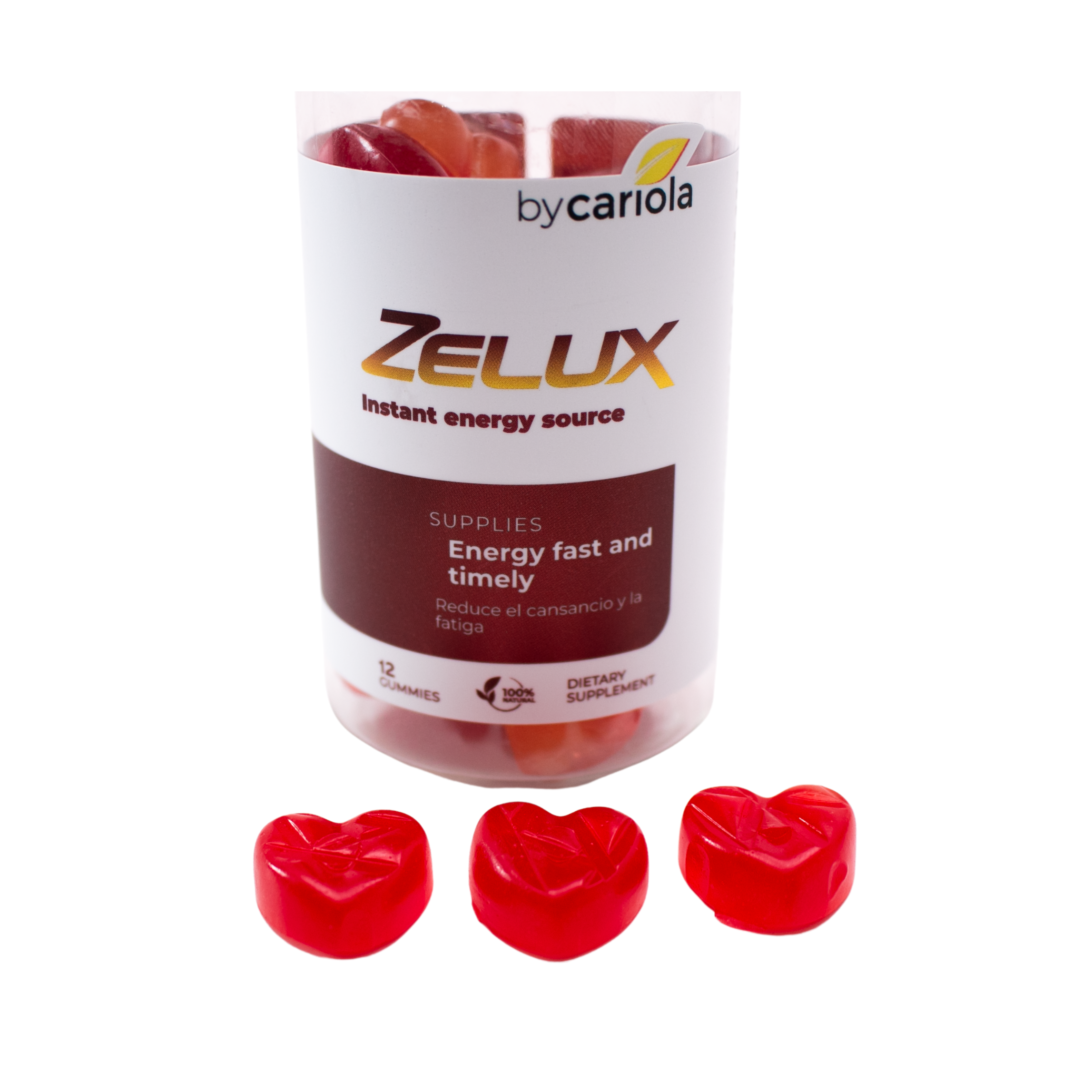 Close-up of the Zelux Gummies jar (12 count) with three red heart-shaped gummies in front, white background.