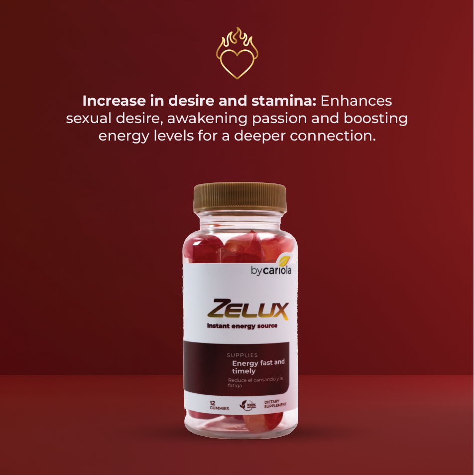 Burgundy banner with “Increase in desire and stamina” text and a Zelux Gummies bottle centered at the bottom.