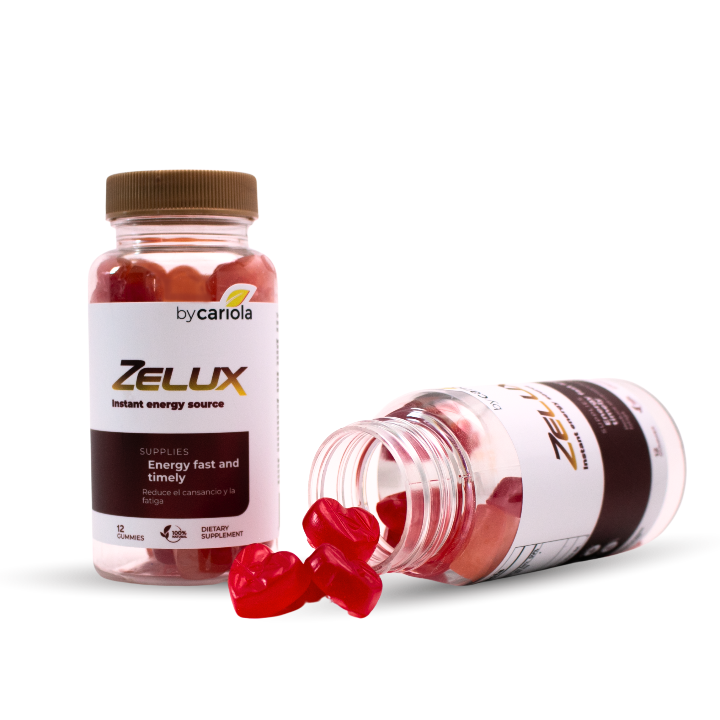 One Zelux Gummies jar standing and another on its side with red heart-shaped gummies spilled on a white background.
