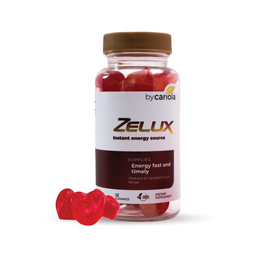 Jar of 12 Zelux Gummies with three heart-shaped gummies in front, white background and “instant energy source”