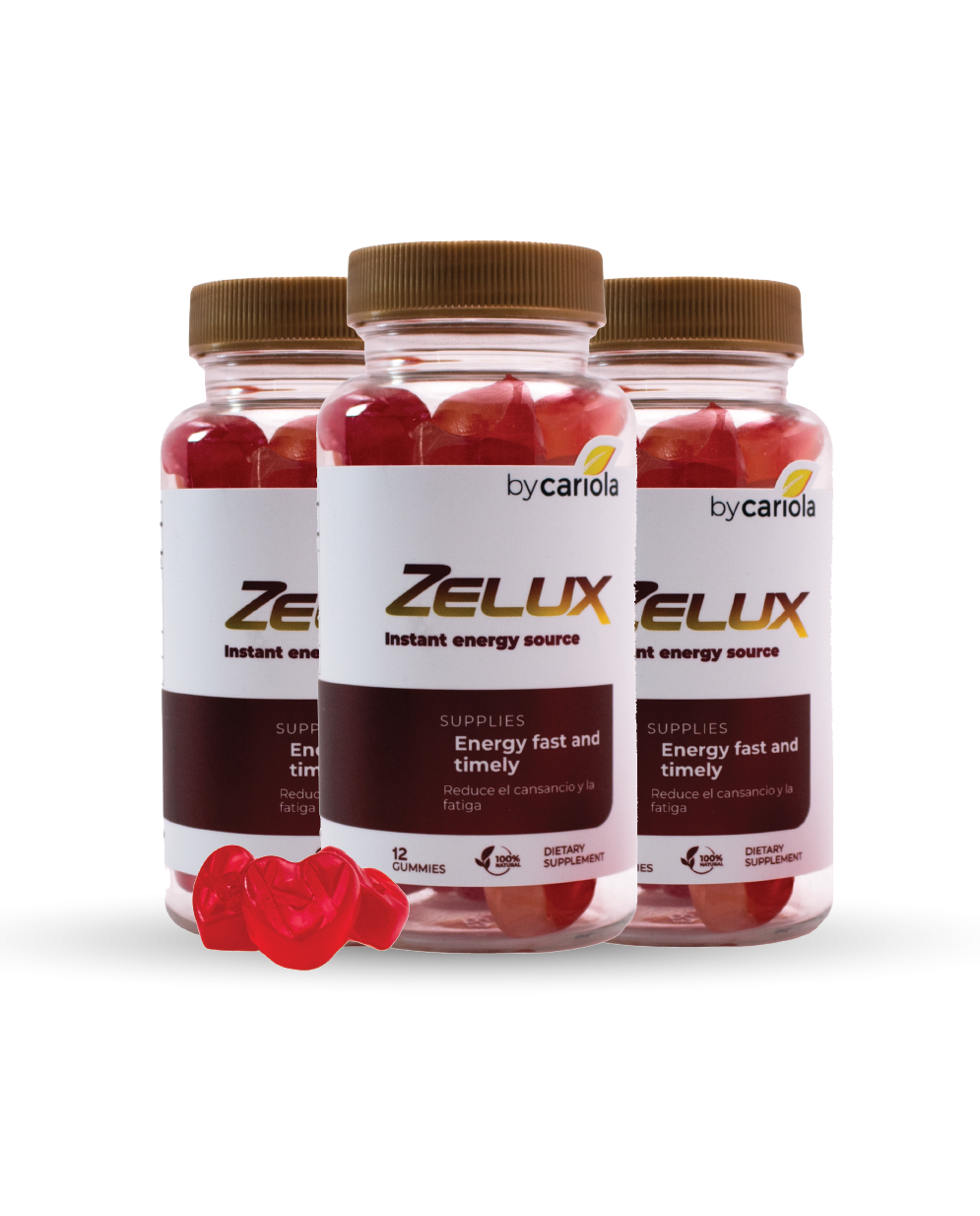 Three Zelux Gummies jars aligned on a white background, with a heart-shaped gummy in front.