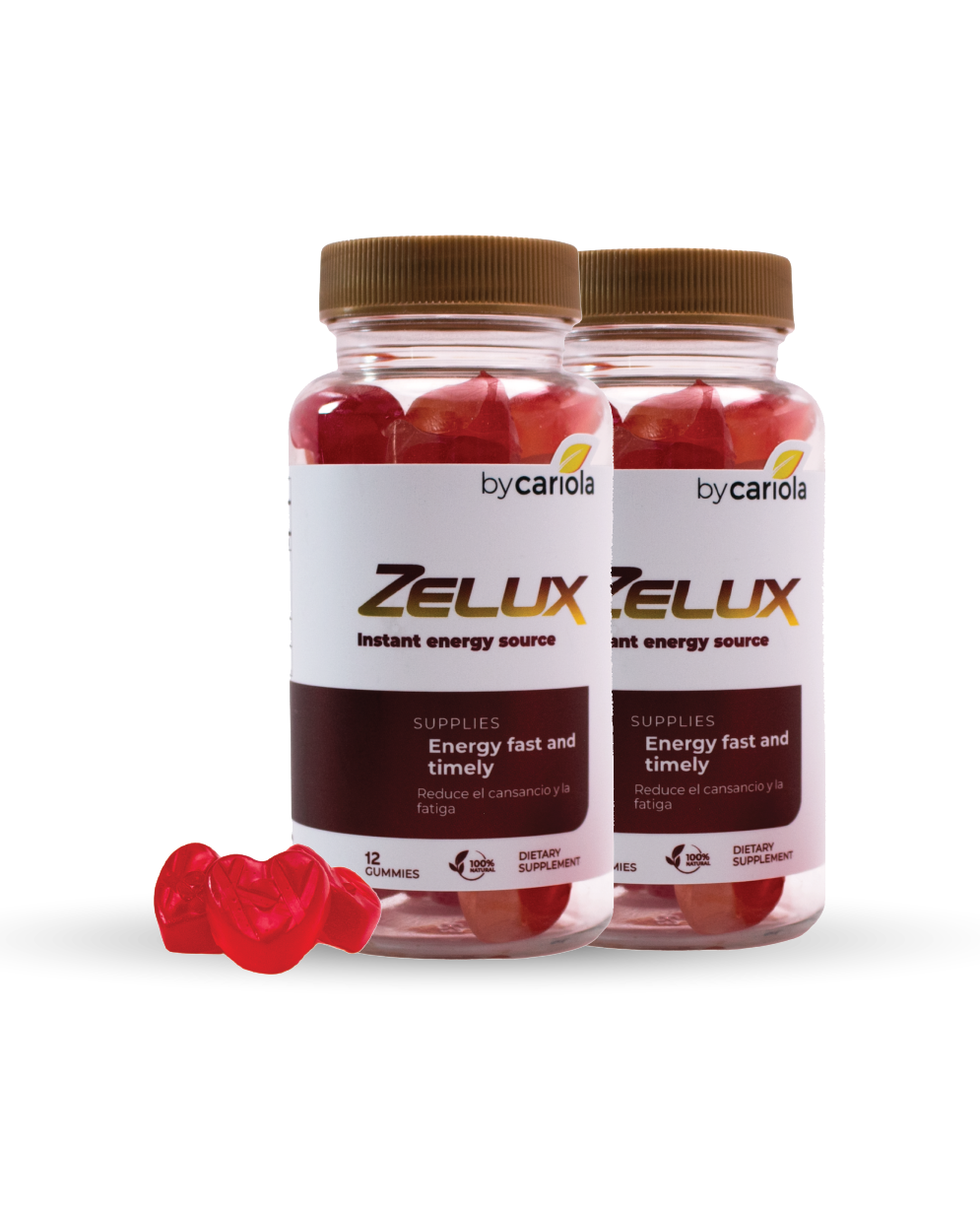 Two Zelux Gummies jars with red heart-shaped gummies, white background, front view twin pack.