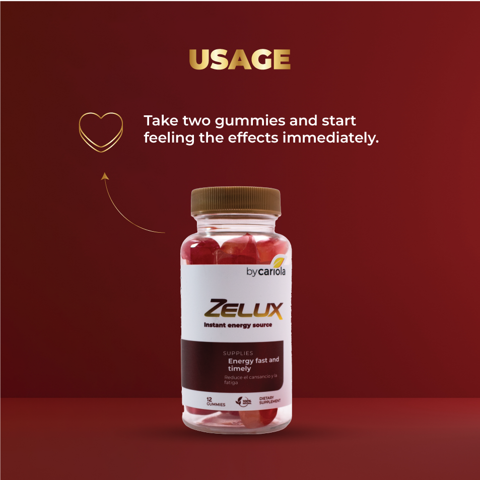 Instructional banner on burgundy background with “Take two gummies and start feeling the effects” text and a Zelux Gummies bottle centered.