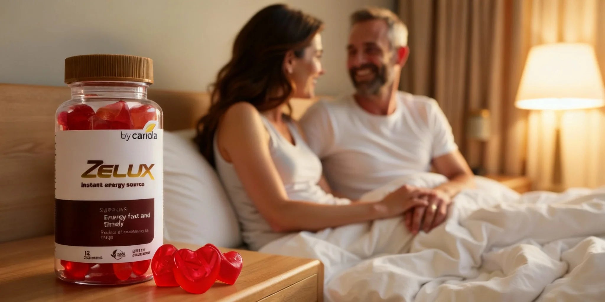 Clear jar of Zelux red heart-shaped gummies on a wooden nightstand, with a smiling couple in bed and warm bedside lamp in the background.