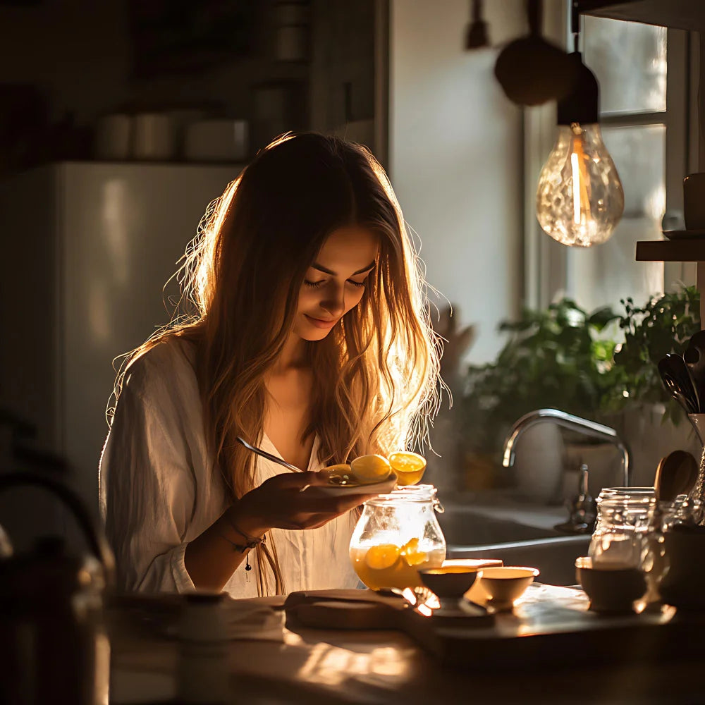Morning kitchen scene with water and capsule for AbeeMed daily start.