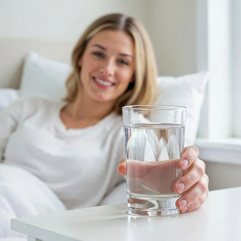 Morning scene with a person holding a glass of water and one capsule; pill bottle and honey on the counter, central negative space for the hero banner.