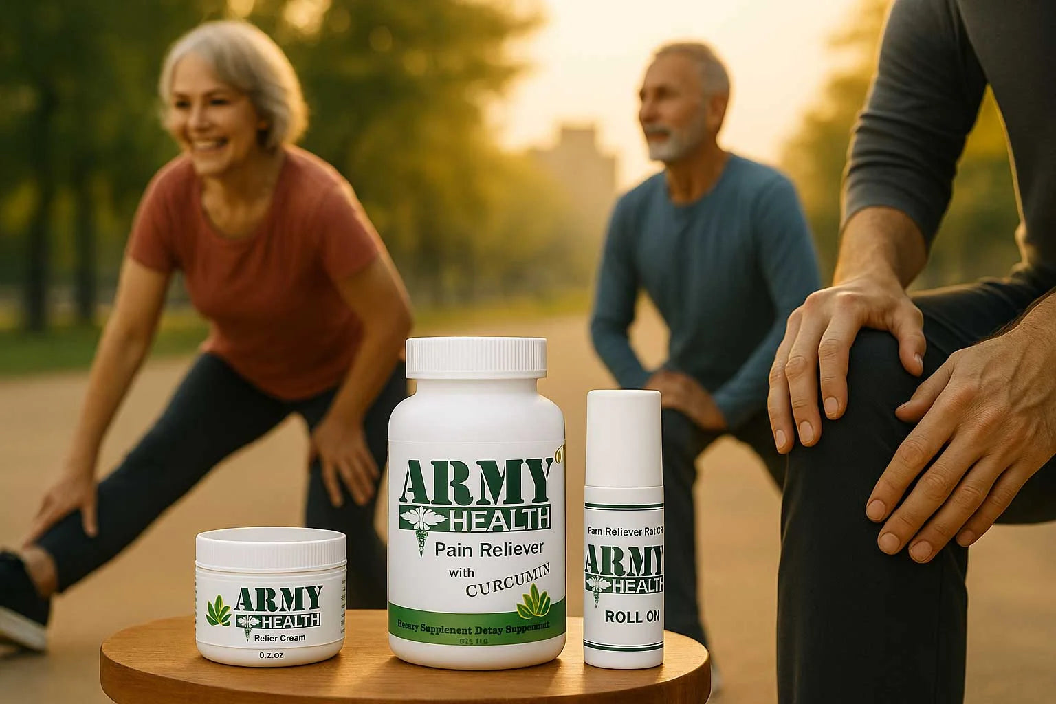 Army Health capsules, cream, and roll-on for natural pain relief and mobility support, with active adults stretching outdoors.