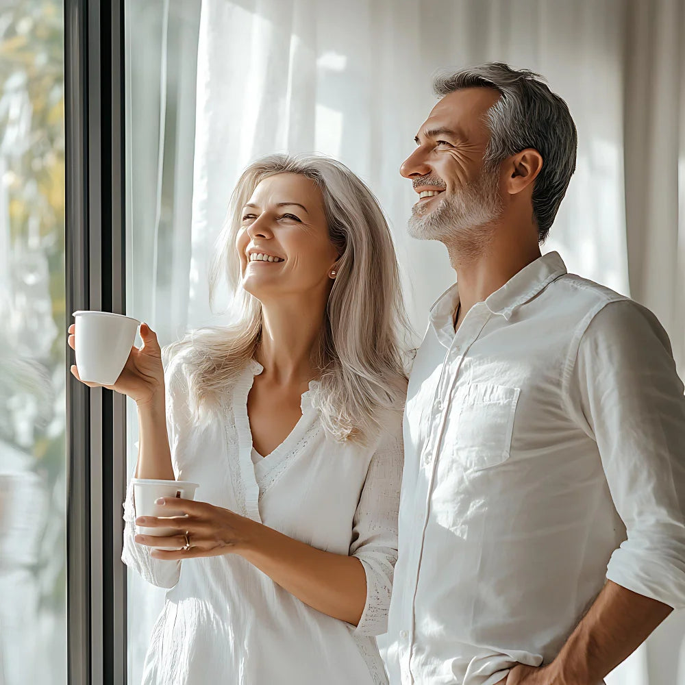 Mature couple stretching in bright living room; amber herbal bottle on side table.