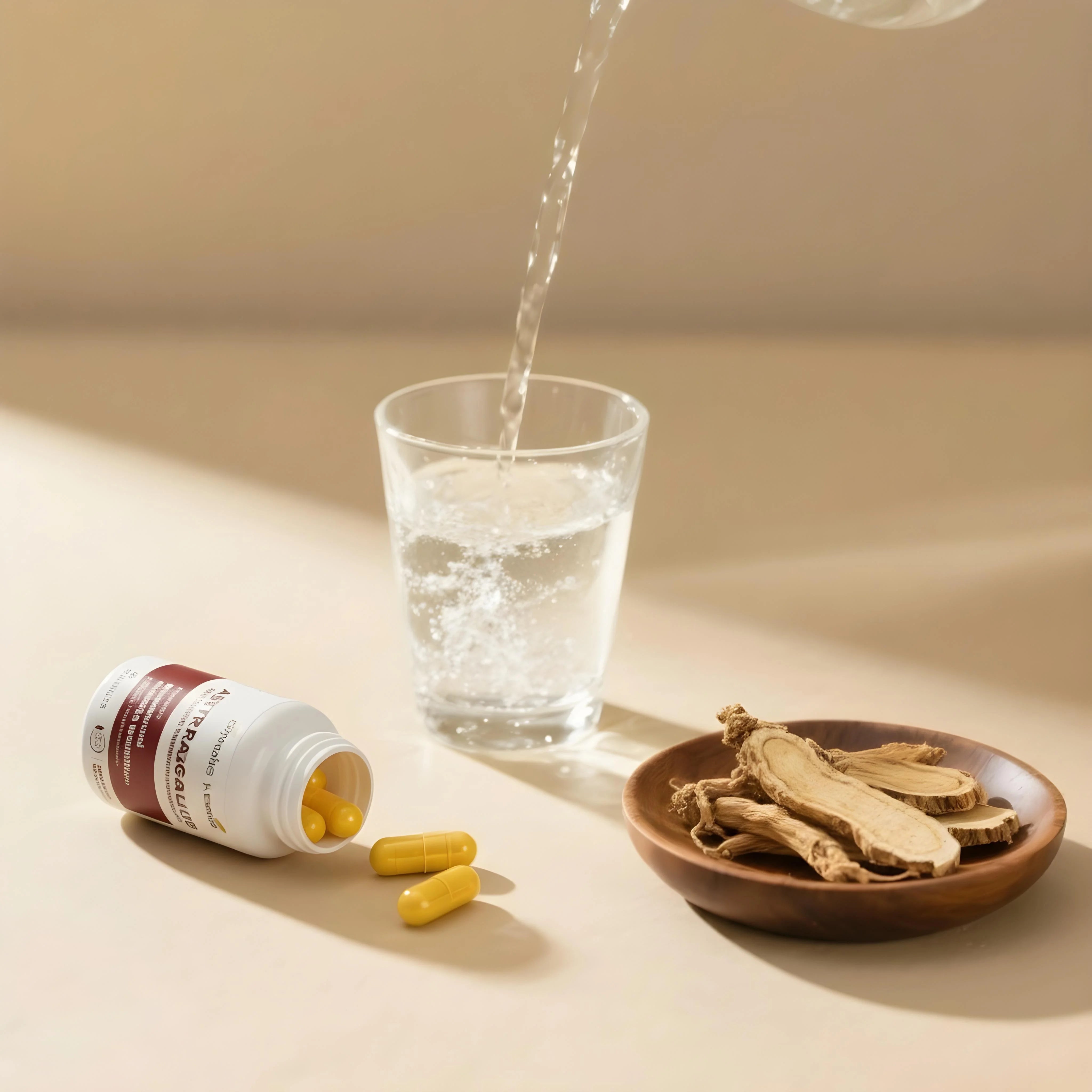 Glass of water being poured next to an open amber bottle, yellow capsules, and sliced astragalus root on a small dish.