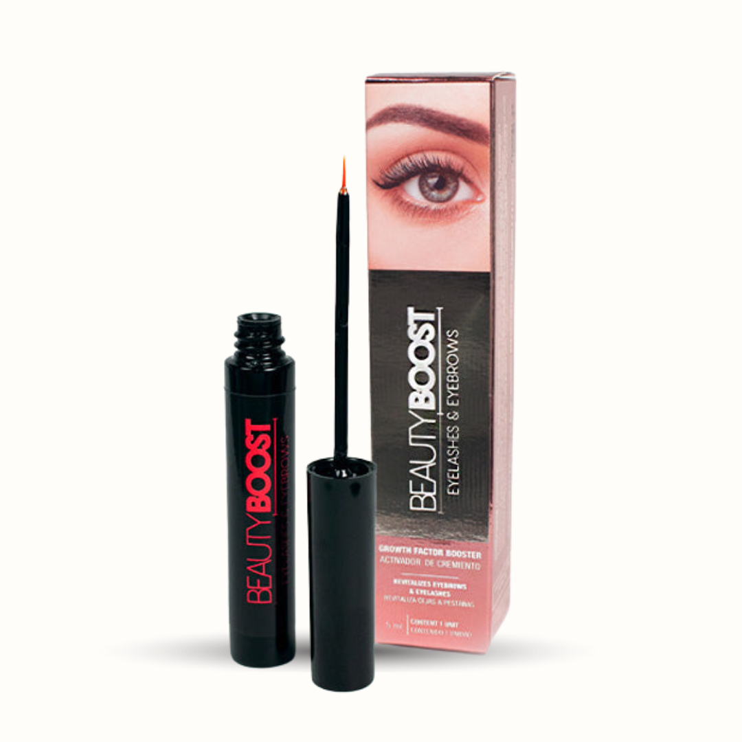 BeautyBoost Eyelash and Eyebrow Growth Serum with box packaging, cosmetic booster for stronger lashes and brows.