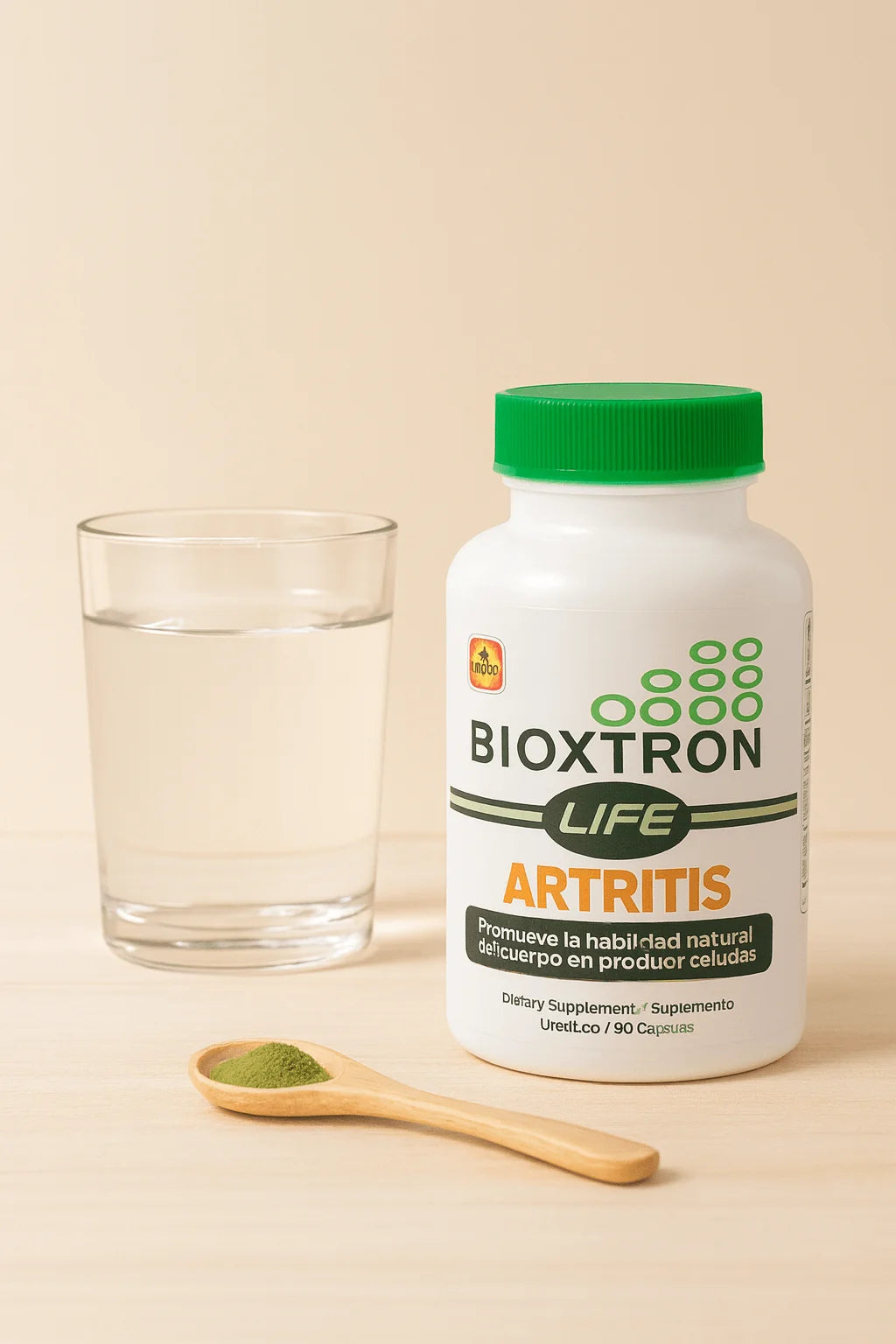 Bioxtron Life Arthritis bottle next to a glass of water being filled, warm light background showing a clean daily wellness routine.
