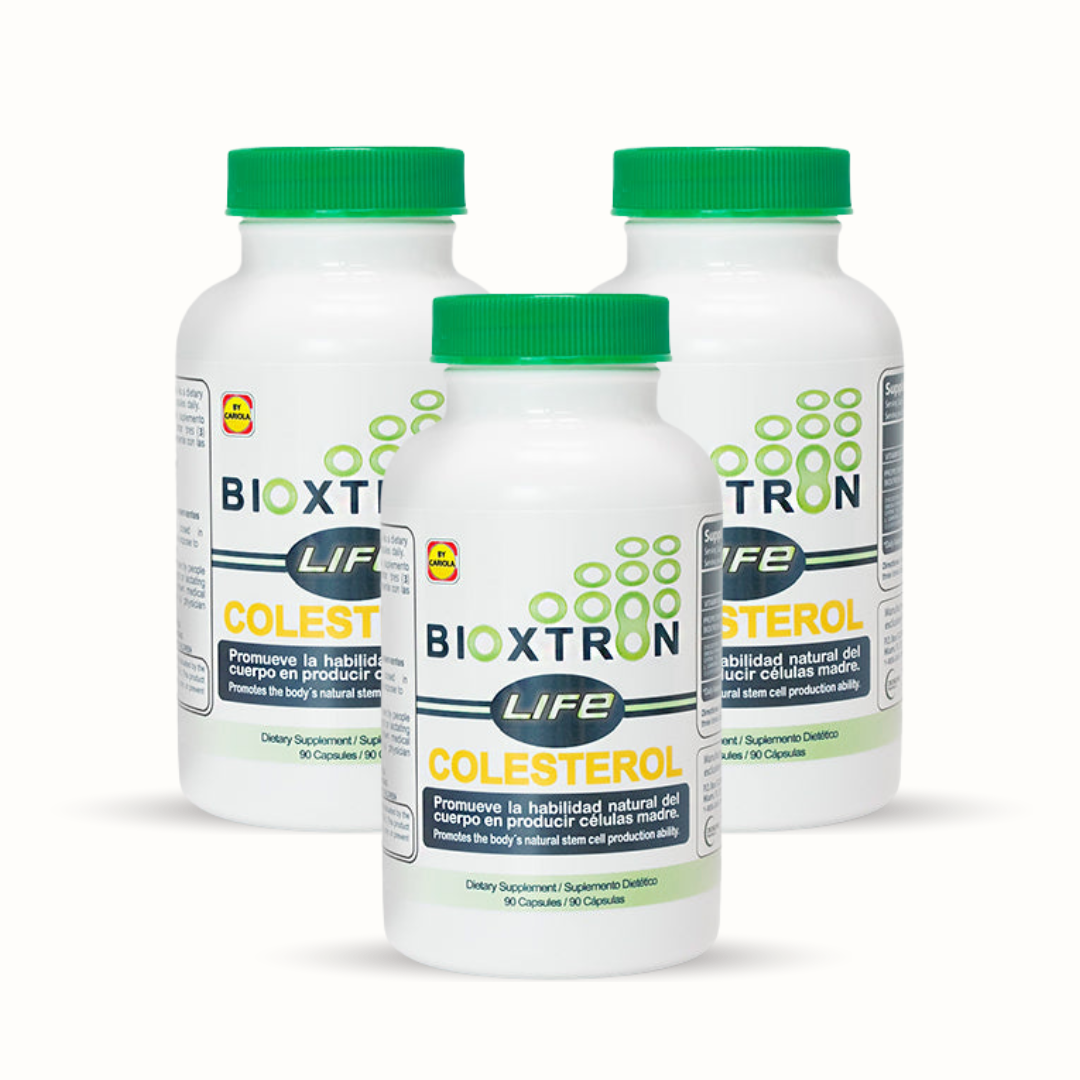 Pack of 3 bottles of Bioxtron Life Cholesterol, natural supplement for healthy cholesterol and heart support.