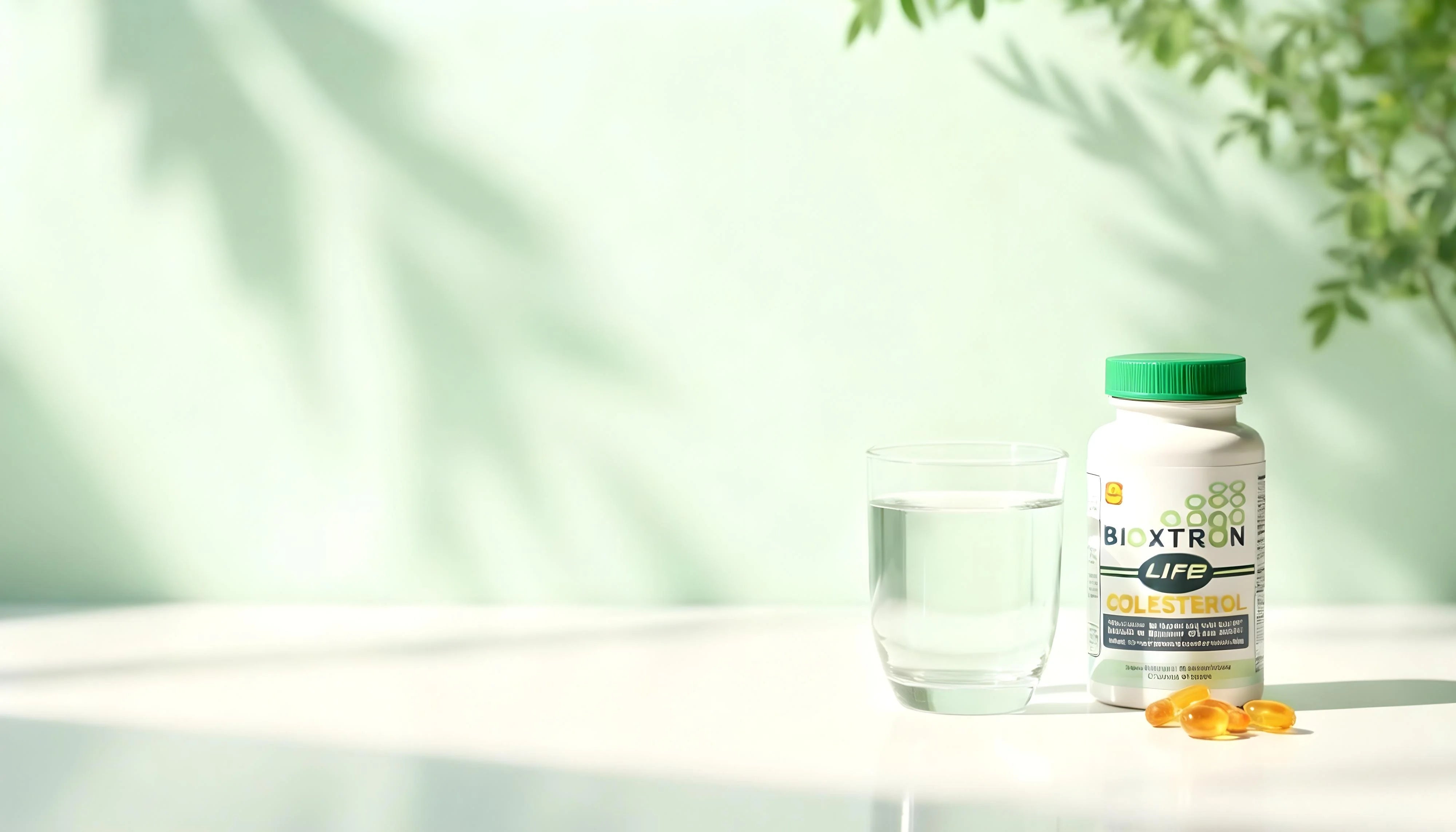 Bioxtron Life Cholesterol supplement bottle beside a glass of water on a bright morning wellness scene