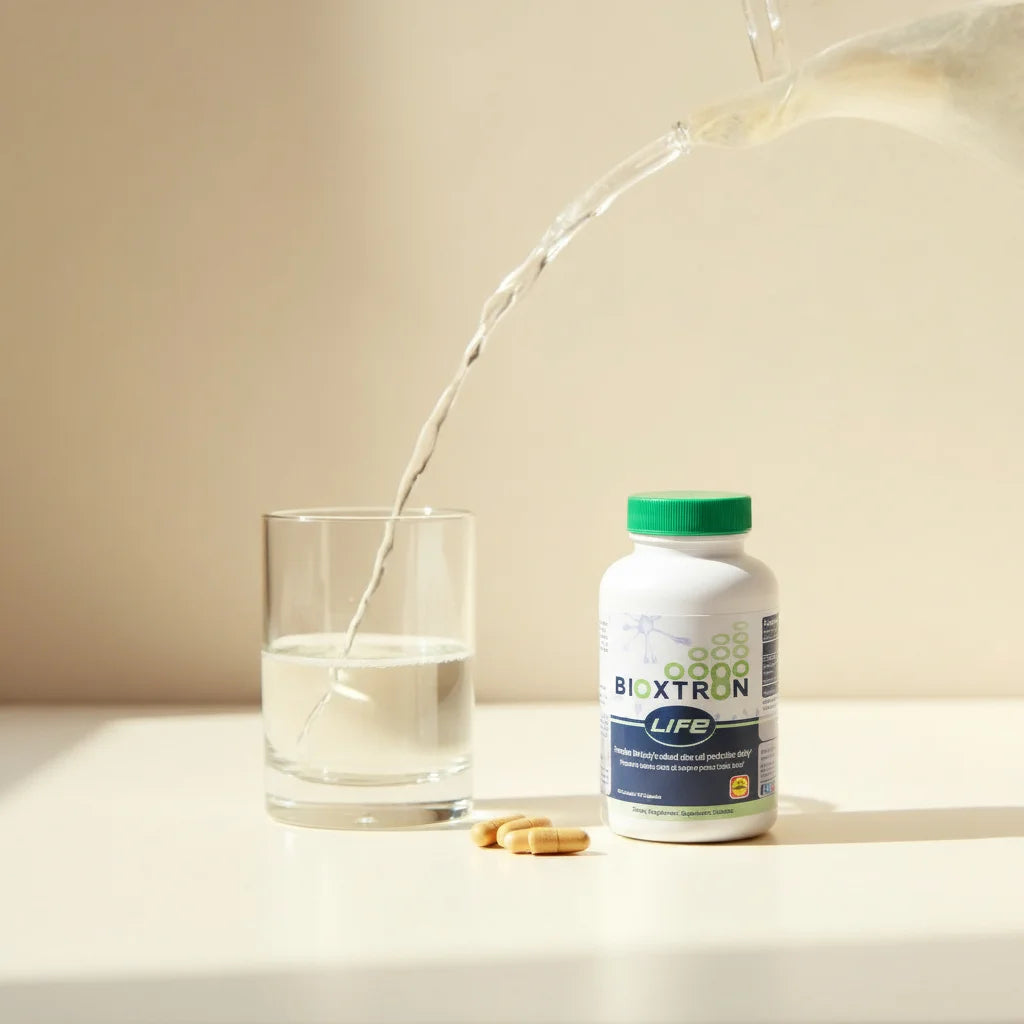 Water being poured into a glass next to a Bioxtron Life bottle and capsules on a clean background