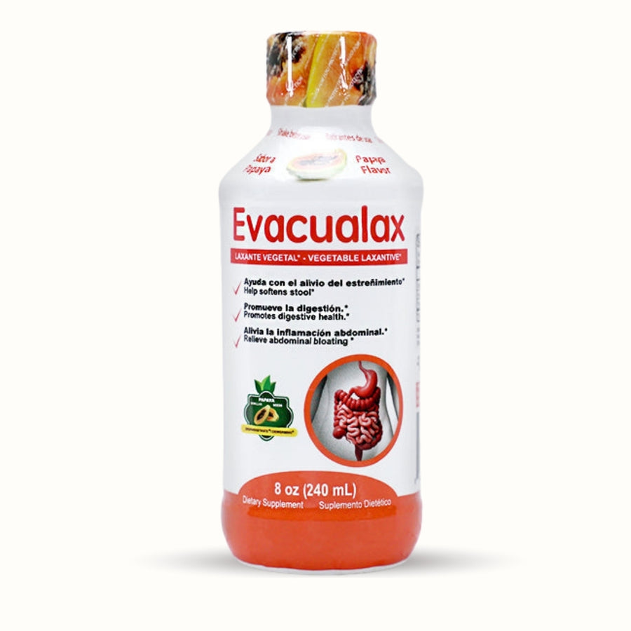 Bottle of Evacualax Adult natural liquid laxative Papaya flavor, 8 oz dietary supplement for constipation relief and digestive health.