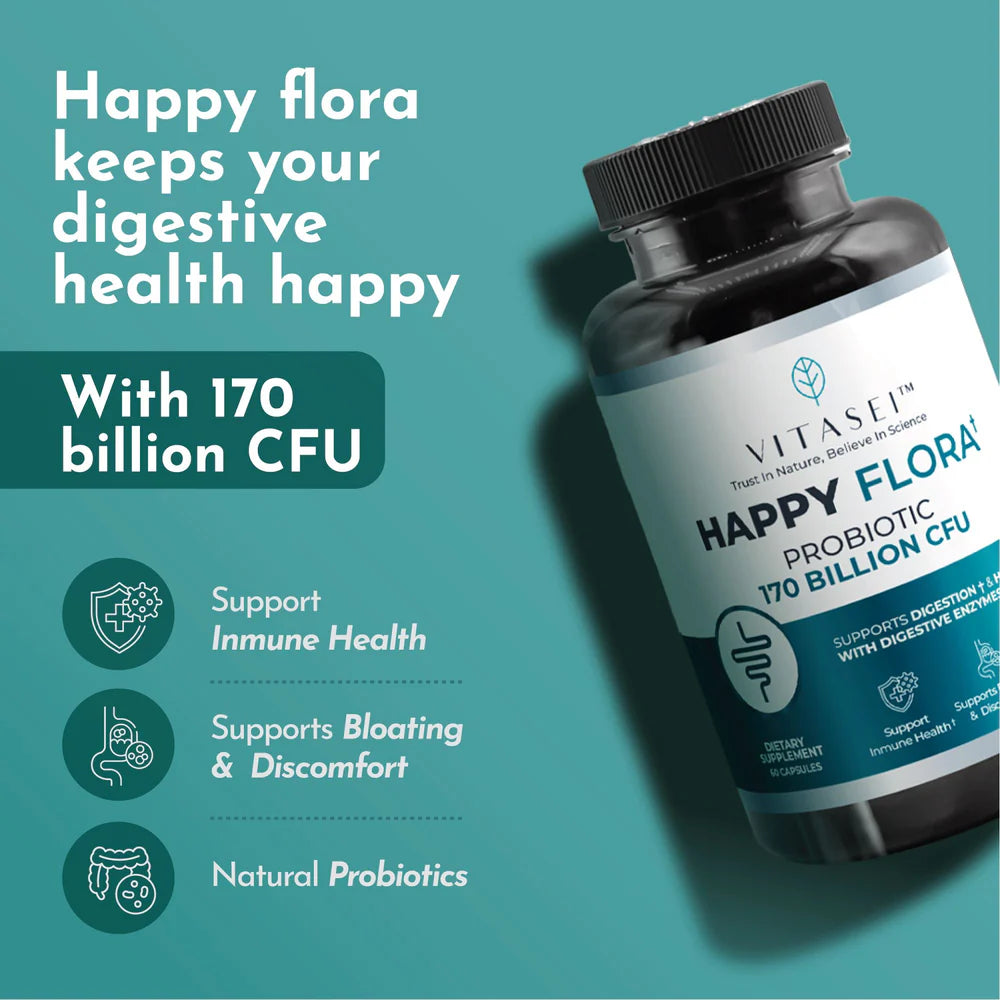 Happy Flora - Suplemento Probiótico con 170 mil millones de UFC para un Intestino Sano