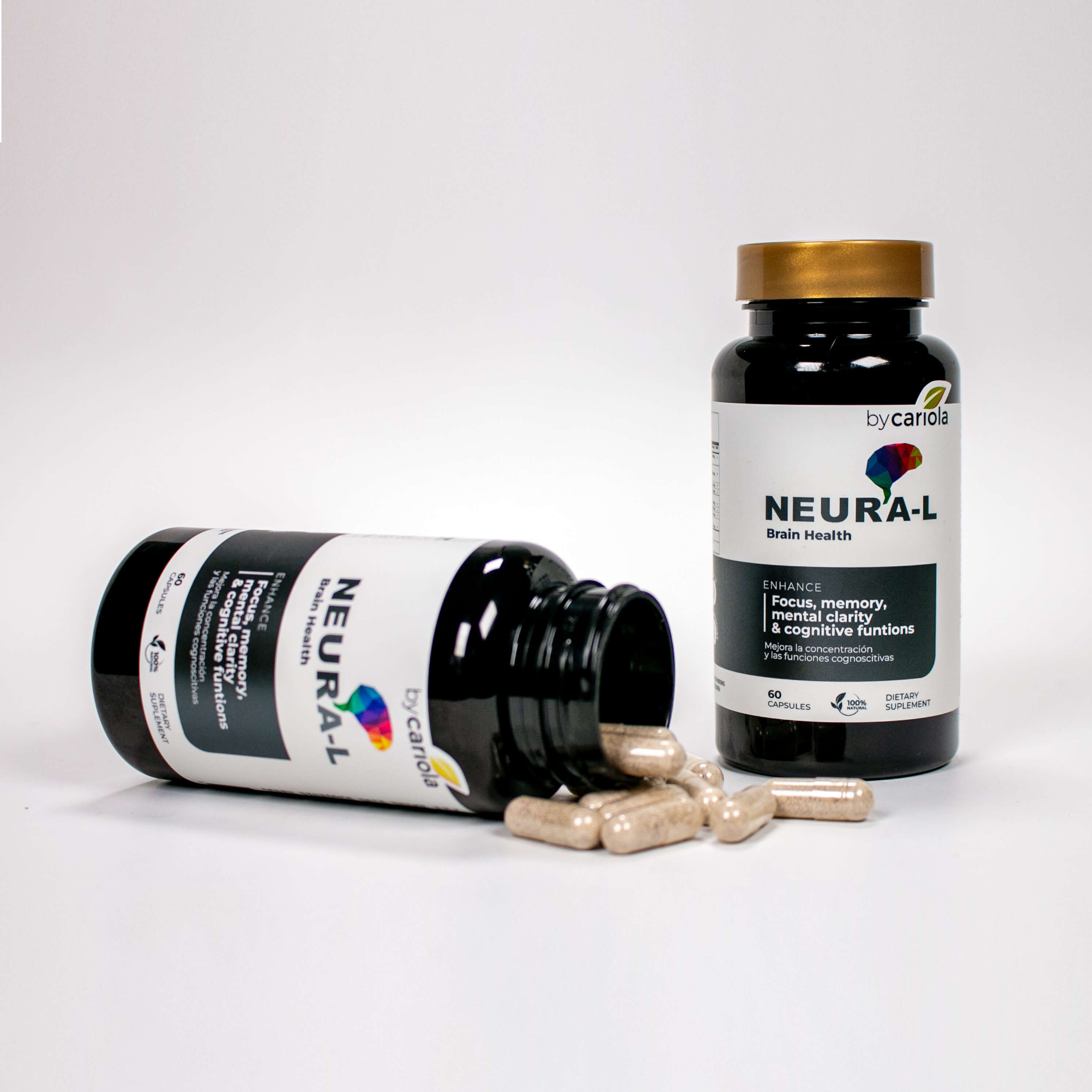 Neura-L bottle laying on side with capsules spilled, next to upright bottle.