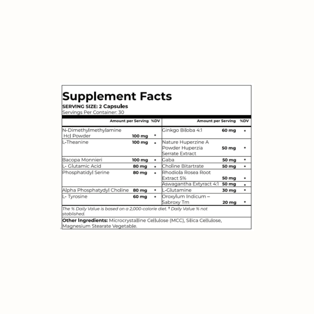Supplement facts panel of Neura-L with ingredients list and dosage.