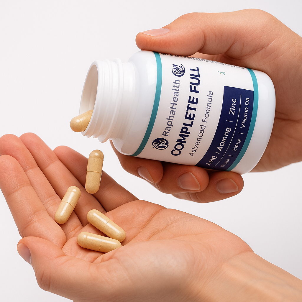 Hand holding Rapha Health Complete Full Multivitamin & Mineral Complex capsules.