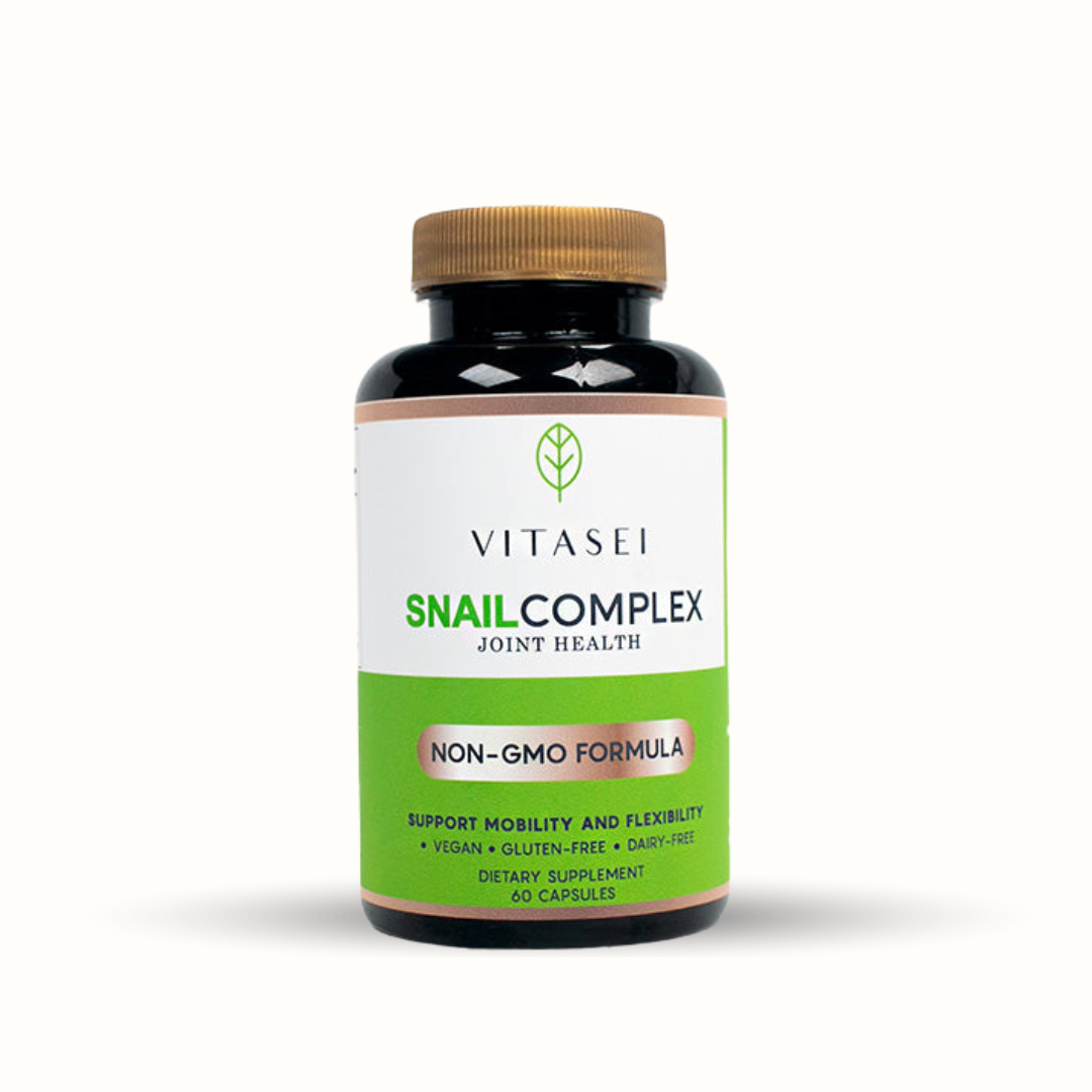 Bottle of Snail Complex Capsules by Vitasei, non-GMO vegan supplement with snail extract, supports joint health, mobility and flexibility.