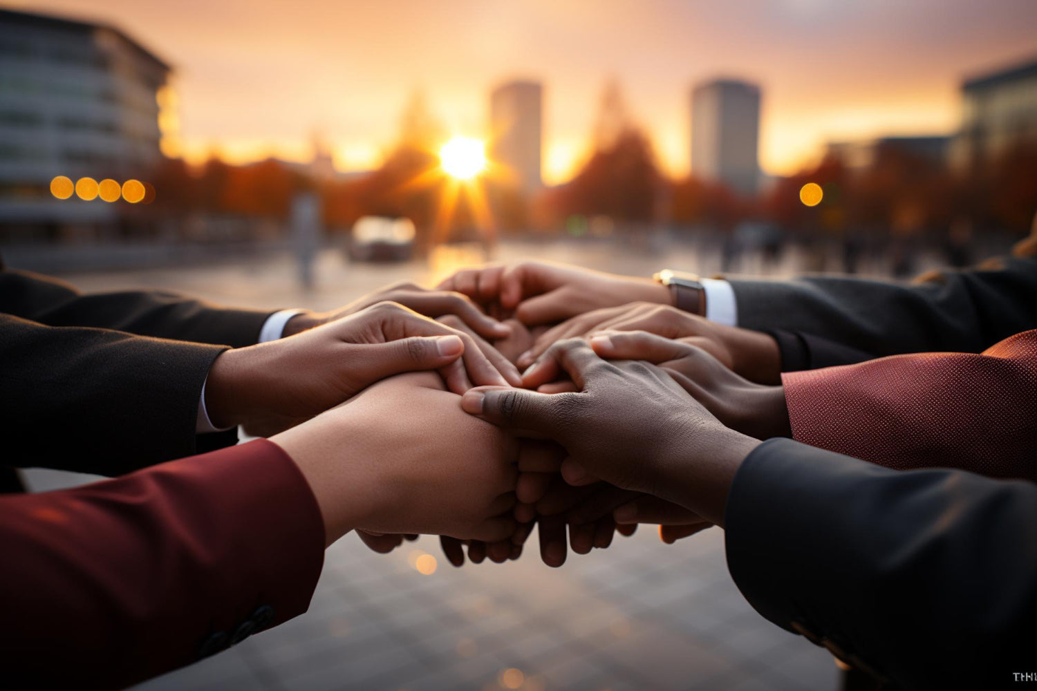 Team joining hands to form a heart at sunrise, symbolizing By Cariola’s wellness mission.