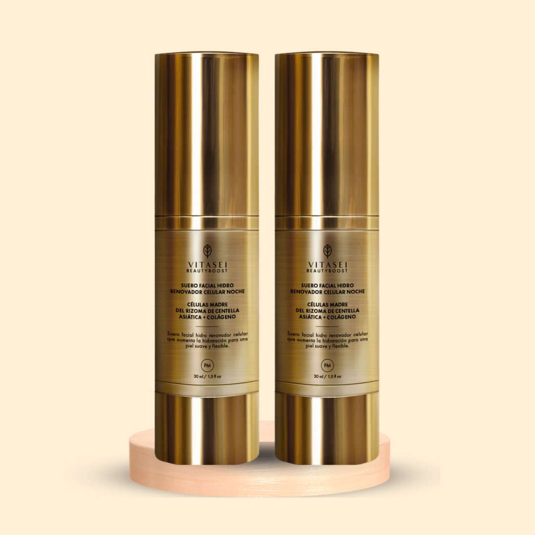 Double presentation of Vitasei Hydro-Renewing Night Serum bottles, 30ml each.