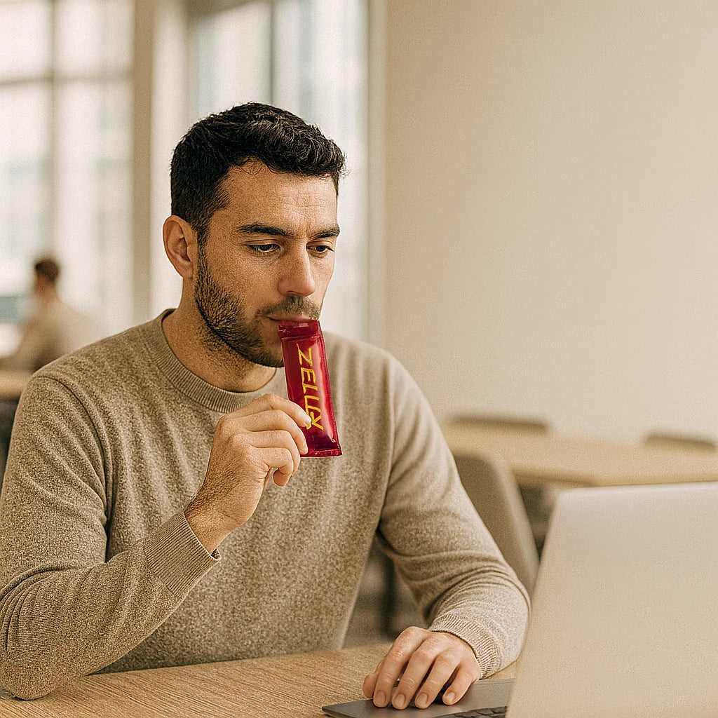 Person sipping directly from a teal sachet