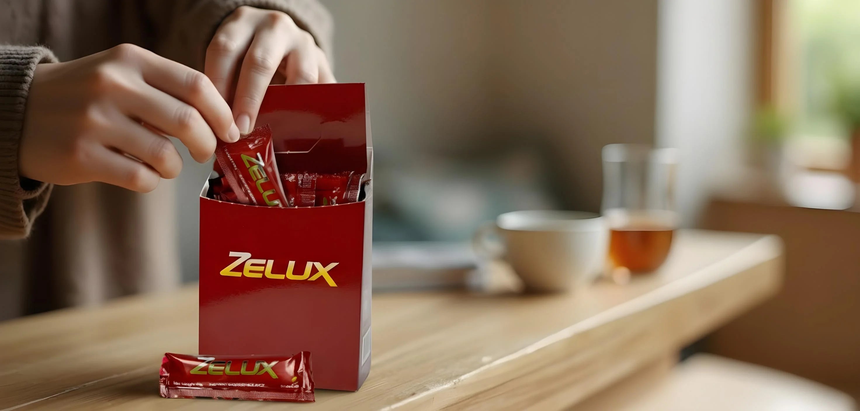 Sachet opened and ready to drink;  Zelux Box, drinkable libido supplement.