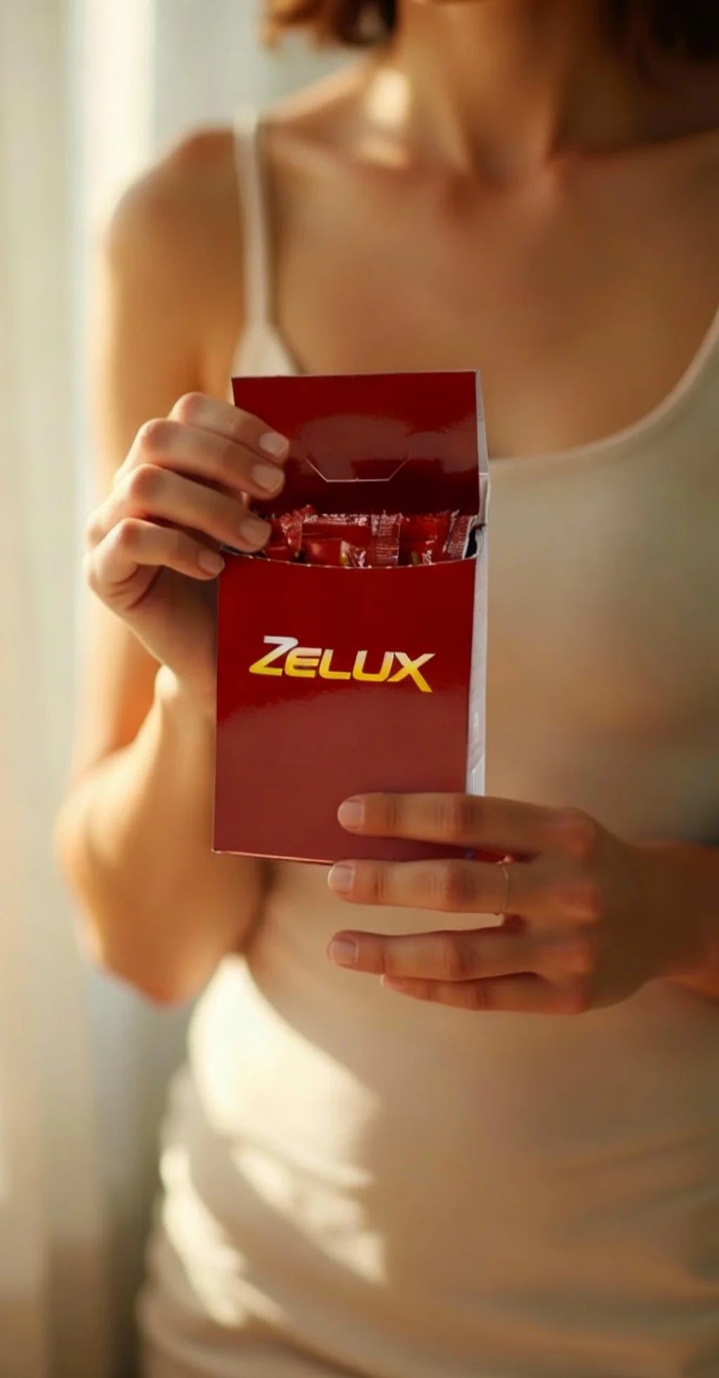 Sachet opened and ready to drink; composition with central space for copy — Zelux Box, drinkable libido supplement.