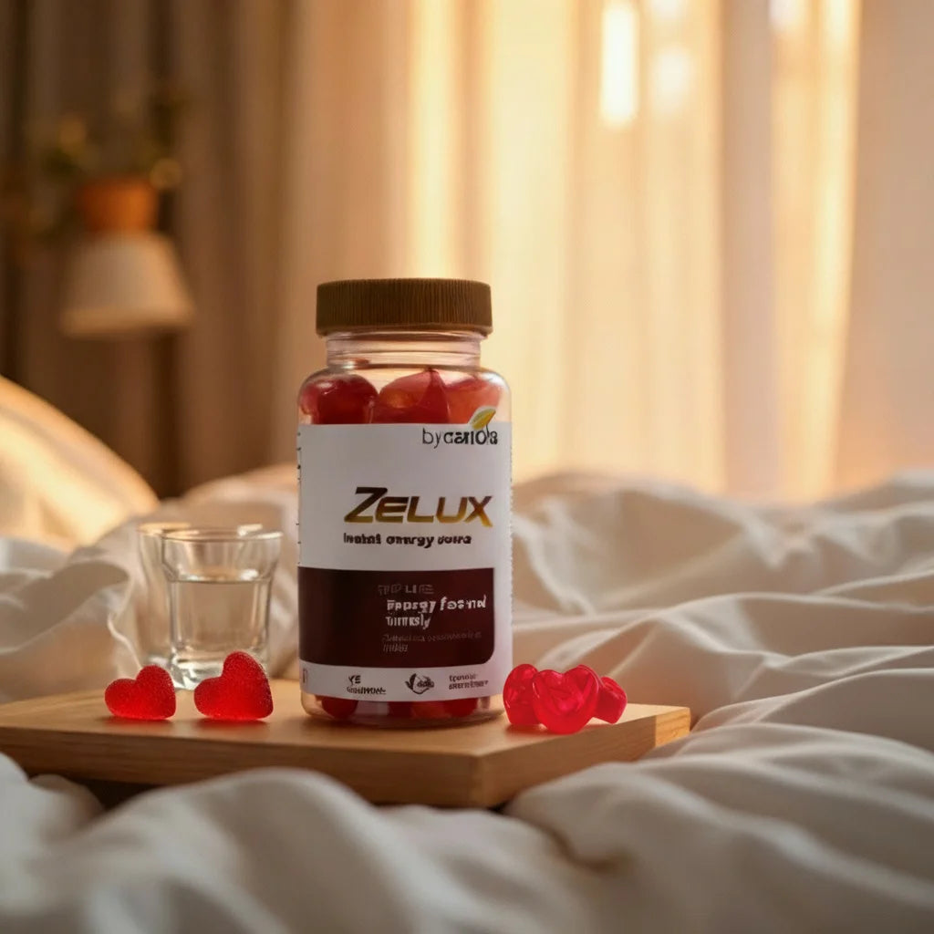 Bottle of Zelux gummy bears on a wooden tray with a glass of water on a bed.