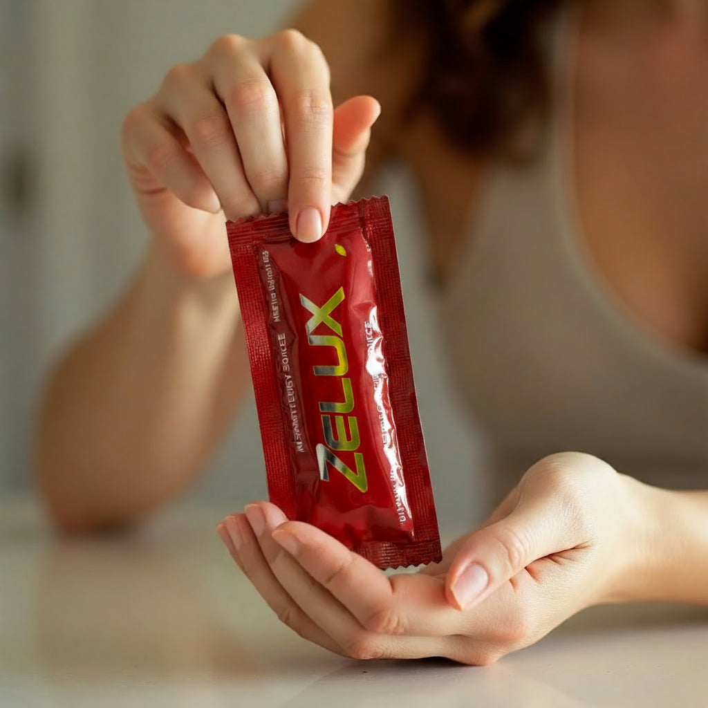 Hands tearing and sipping directly from a sachet in a minimal lifestyle setting.