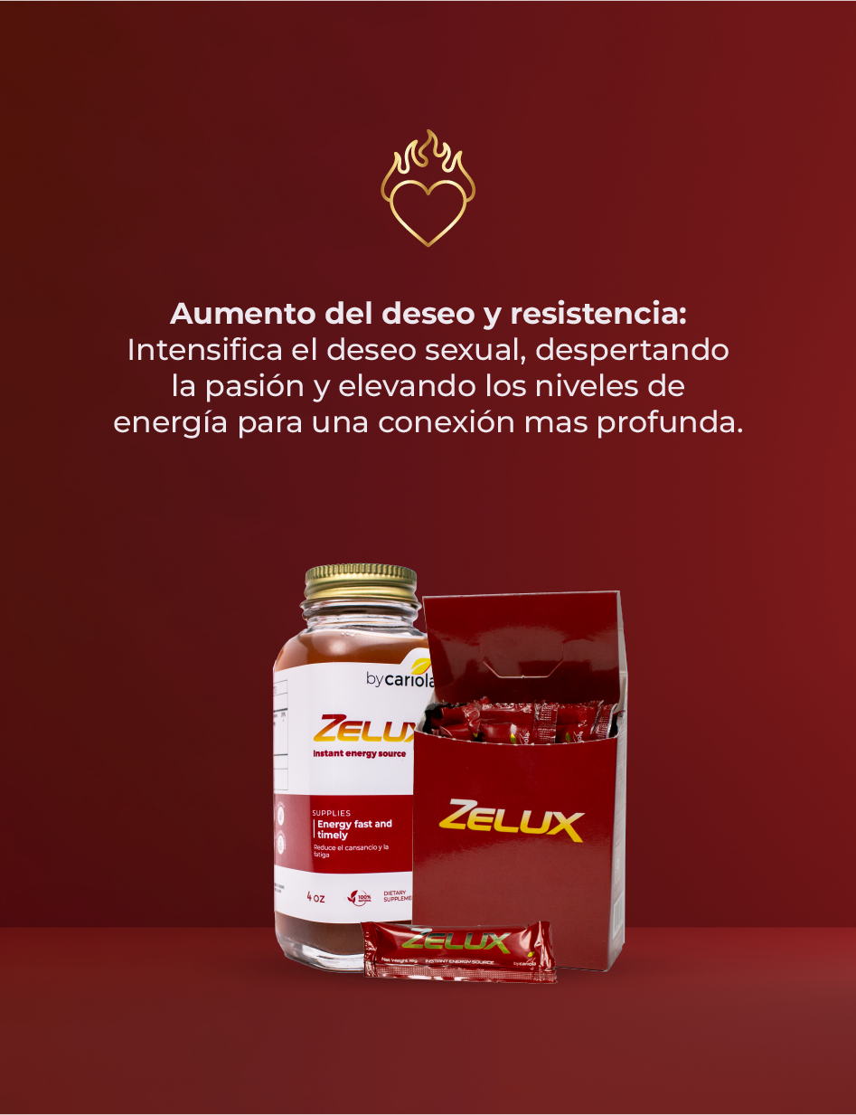 Zelux Instant Energy Source bottle and box with text ‘Increased desire and stamina’ describing how it intensifies desire and raises energy for a deeper connection.