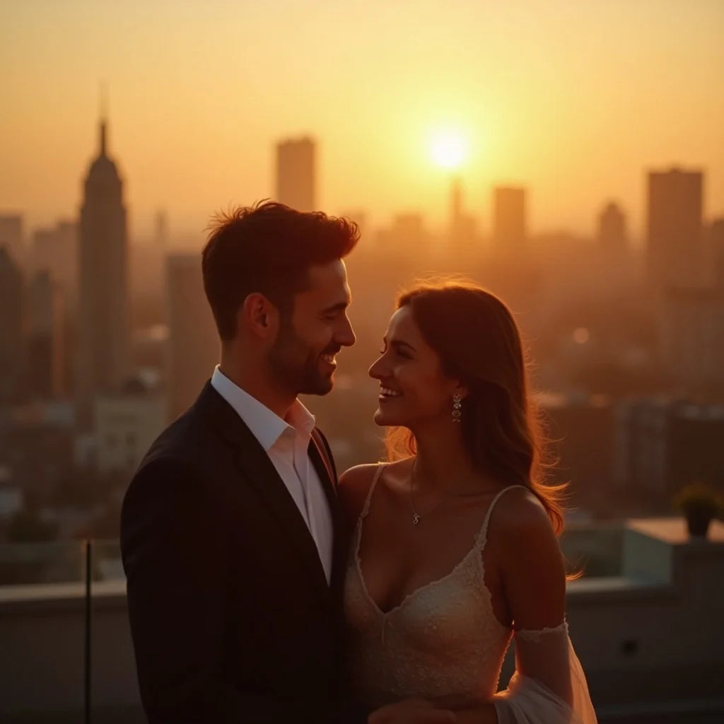Couple on a rooftop at sunset with an urban skyline; confidence and style in an intimate mood.