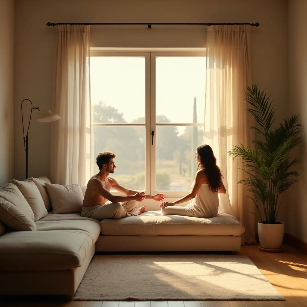 Couple in a minimal living room with warm light talking by the window; connection and healthy intimacy.