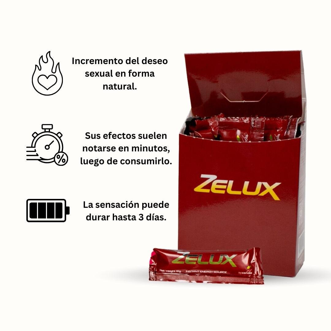 Zelux sachet box with icons and Spanish text highlighting benefits: natural increase in sexual desire, quick effects and lasting sensation up to three days.