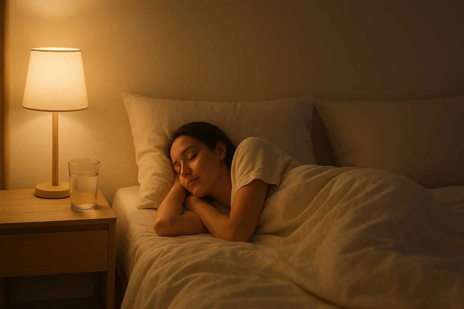 Minimal bedroom with warm lamp light and a person peacefully sleeping in bed with light sheets.