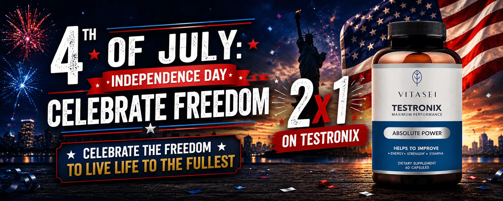 Promotional desktop banner for the 4th of July featuring Vitasei Testronix with a limited-time Buy 2 Get 1 Free Independence Day offer.