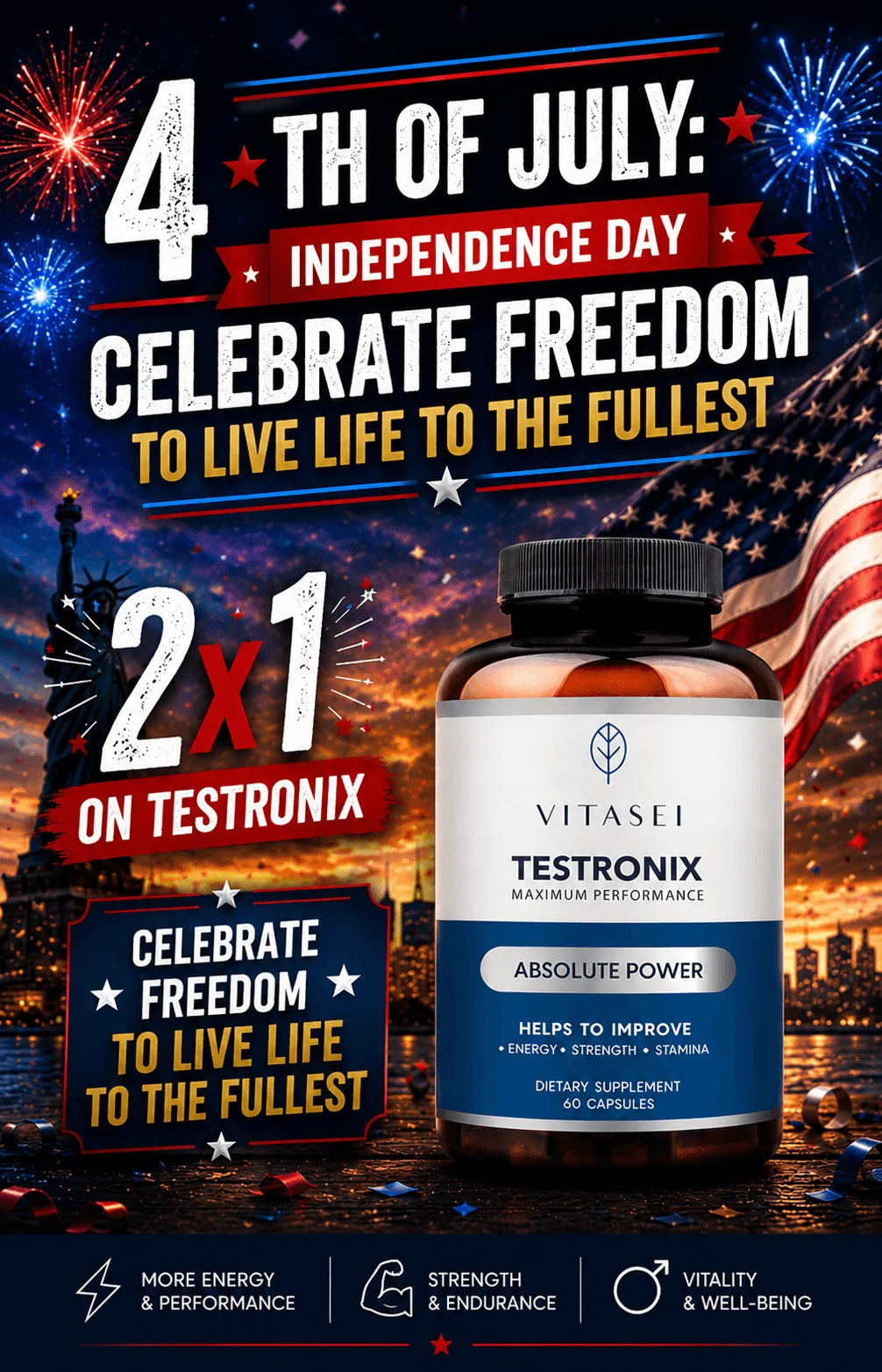 Mobile promotional artwork showcasing the Independence Day celebration and Vitasei Testronix Buy 2 Get 1 Free special offer.