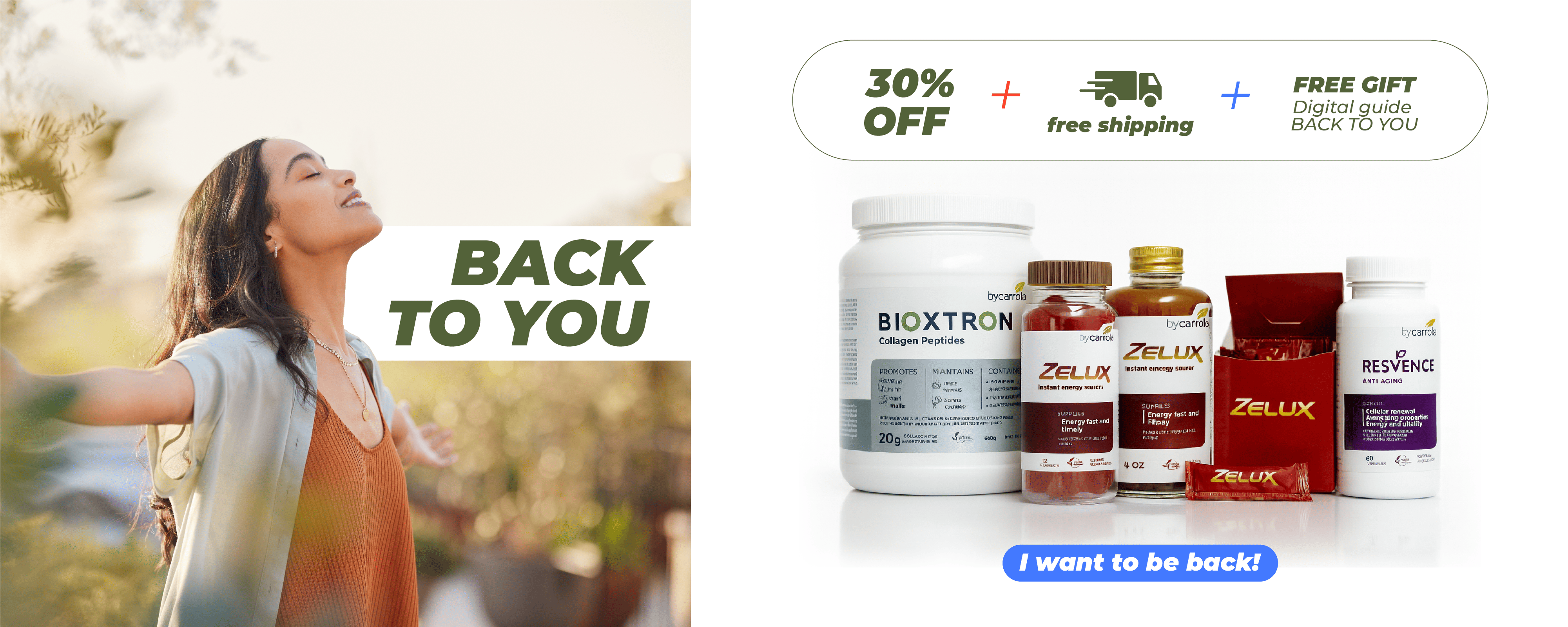 Promotional banner with a woman outdoors and supplement products.