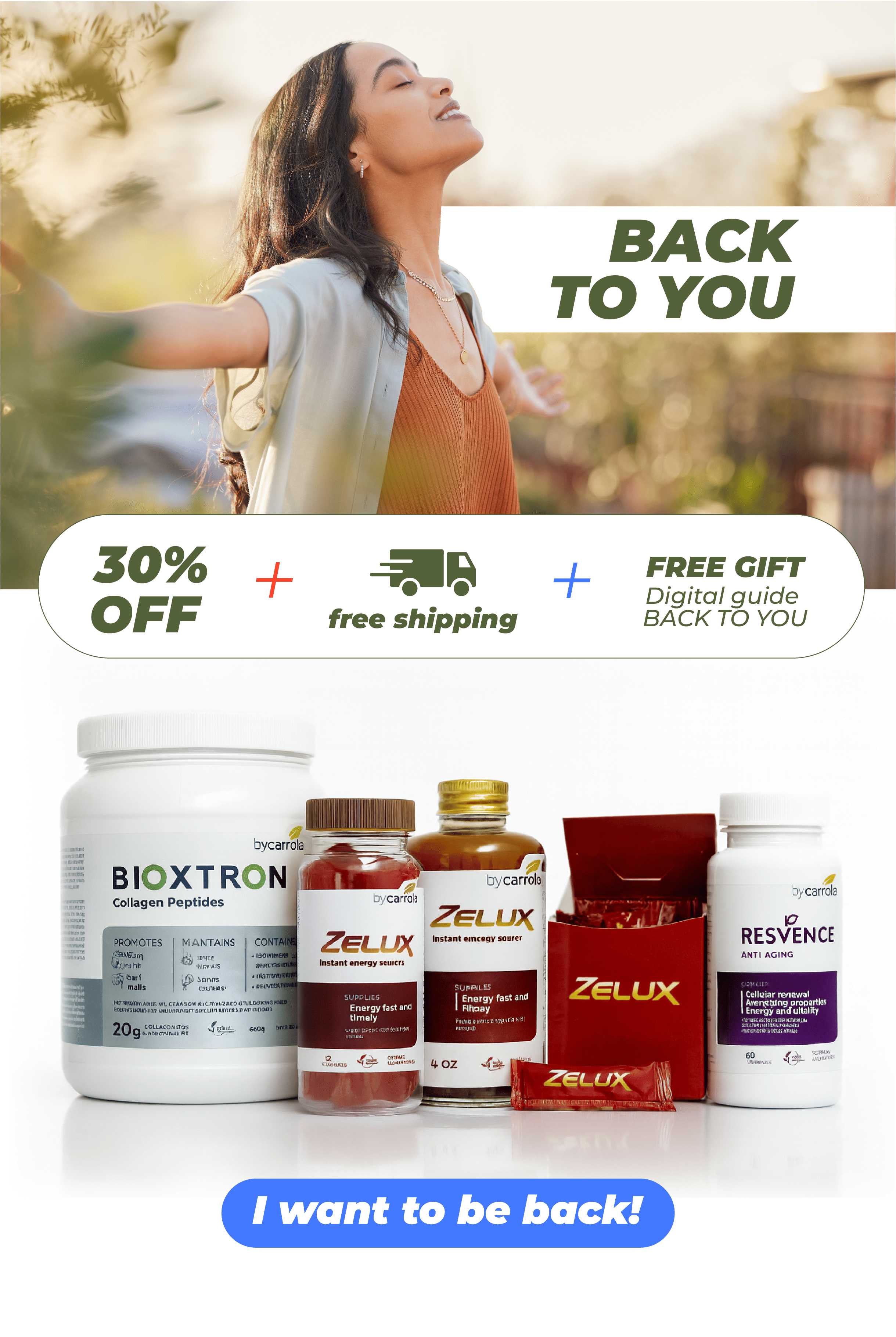 Promotional banner with a woman outdoors and supplement products.
