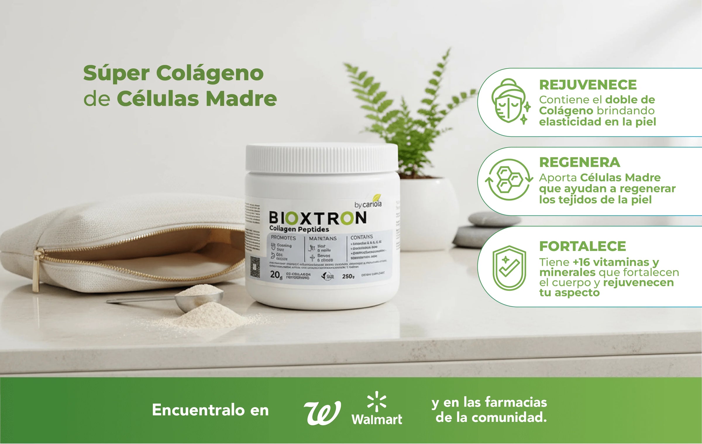 Envase de Bioxtron Colágeno con mensajes de beneficios como rejuvenecer la piel, regenerar tejidos y fortalecer el cuerpo