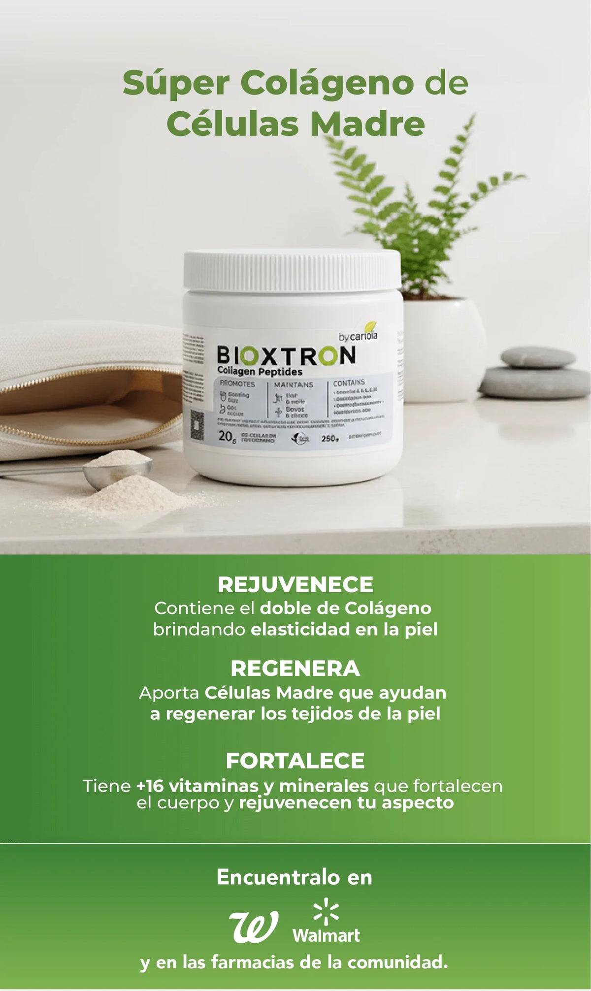 Envase de Bioxtron Colágeno mostrando beneficios visibles como elasticidad en la piel, regeneración y fortalecimiento del cuerpo