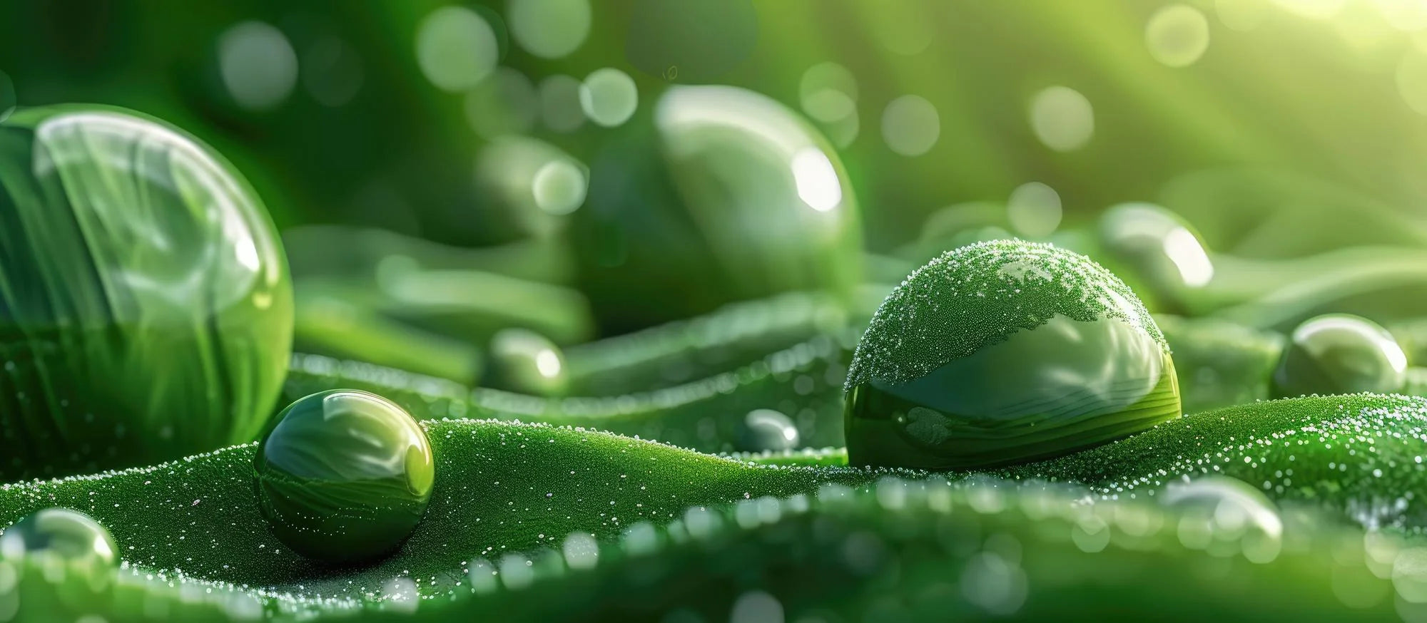 Botanical green microalgae background with soft bokeh and cellular wellness mood.