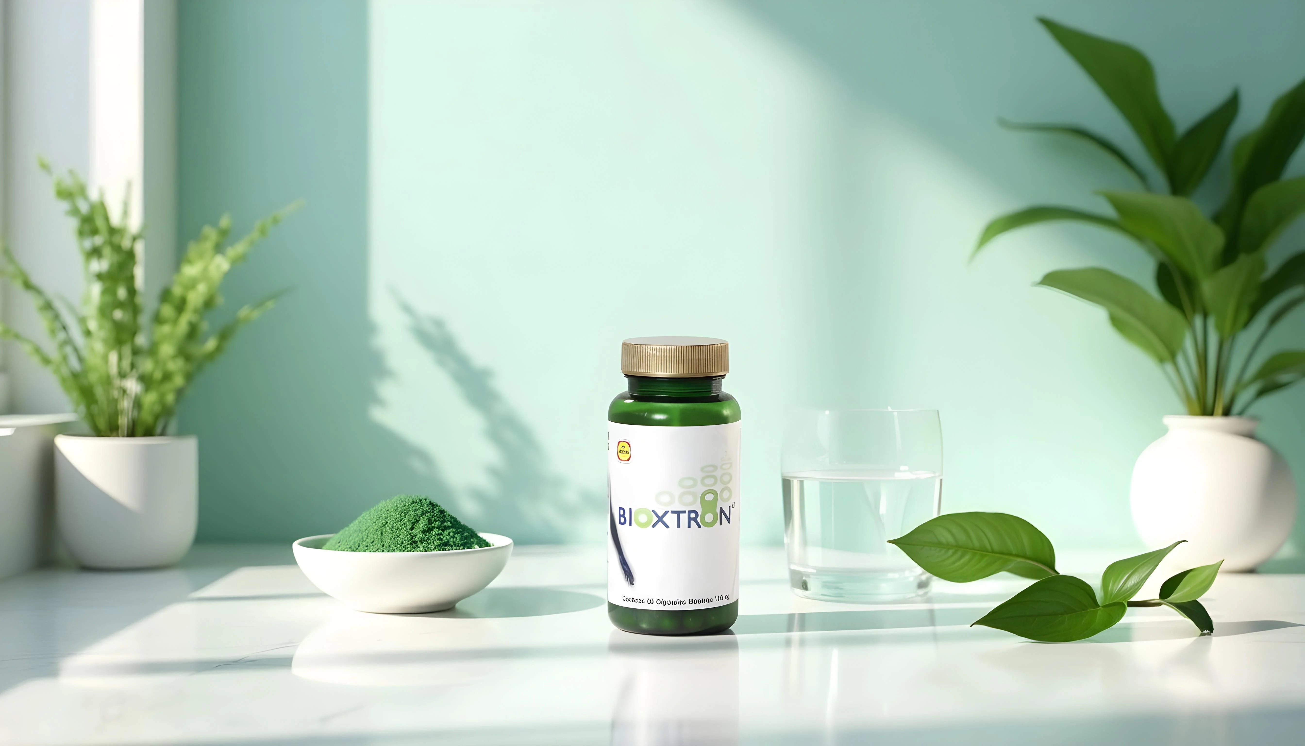Lifestyle wellness scene featuring a green Bioxtron-style supplement bottle with natural elements and AFA blue-green algae accents.